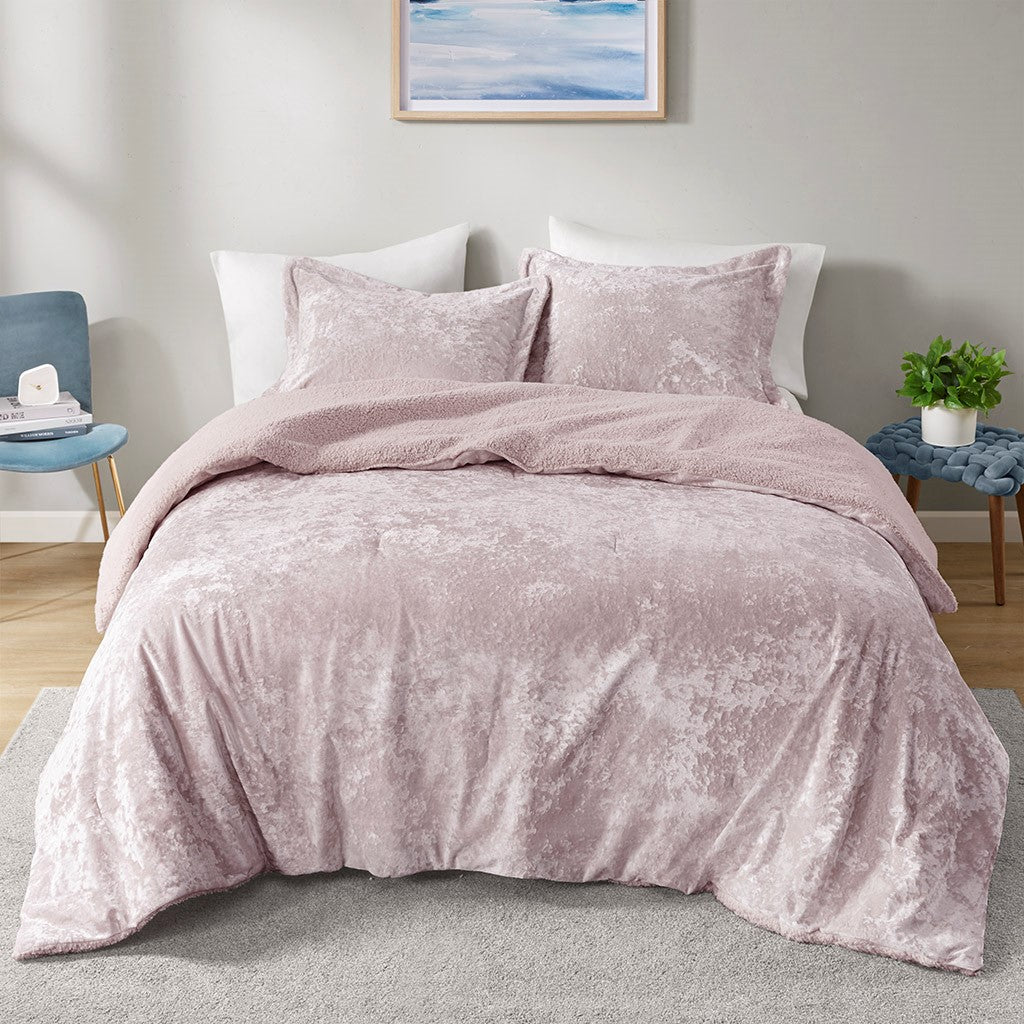 Crushed Velvet Sherpa Reversible Comforter Set Queen Light Purple Polyester