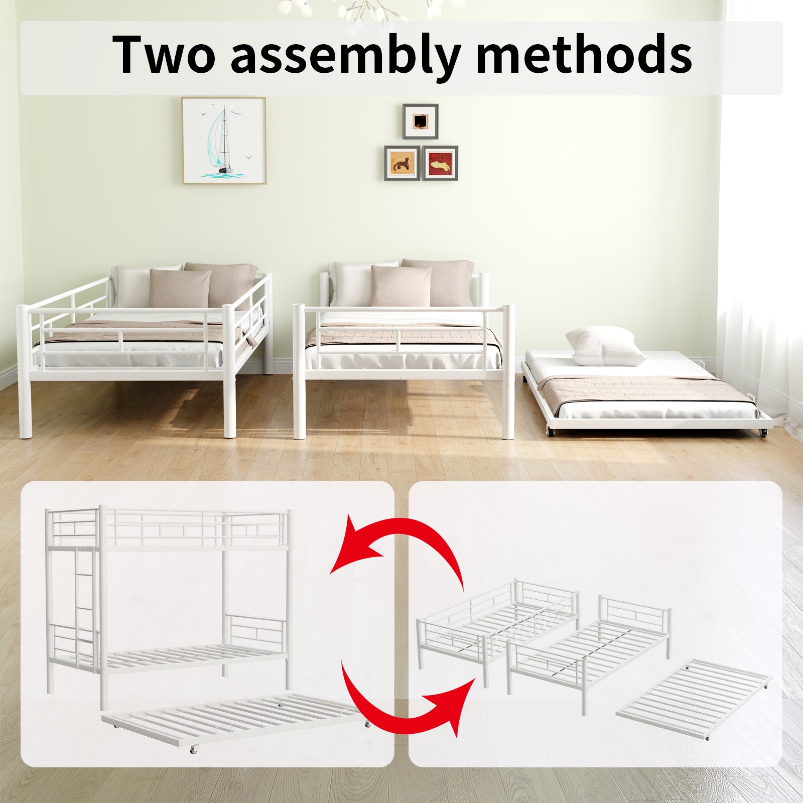 Heavy Duty Sturdy Meta Twin Over Full Bunk Bed L Noise Reduced Safety Guardrail No Box Spring Needed,White Box Spring Not Required Twin White Metal