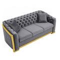 Velvet Luxury Chesterfield Sofa Set, 84 Inches Tufted 3 Seat Couch With Gold Stainless For Living Room, Grey Fabric Grey Velvet Wood Primary Living Space Medium Soft Tufted Back European Rolled Arms Foam Wood Stainless Steel 3 Seat