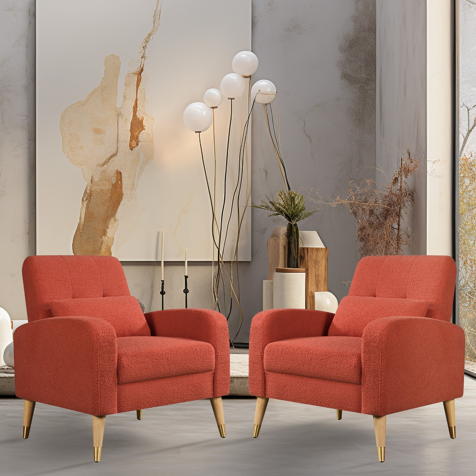 Mid Century Modern Accent Chair, Upholstered Armchair Living Room Chair, Comfy Single Sofa Chair With Metal Legs, Polyester Fabric Chair For Living Room Bedroom Red Sherpa