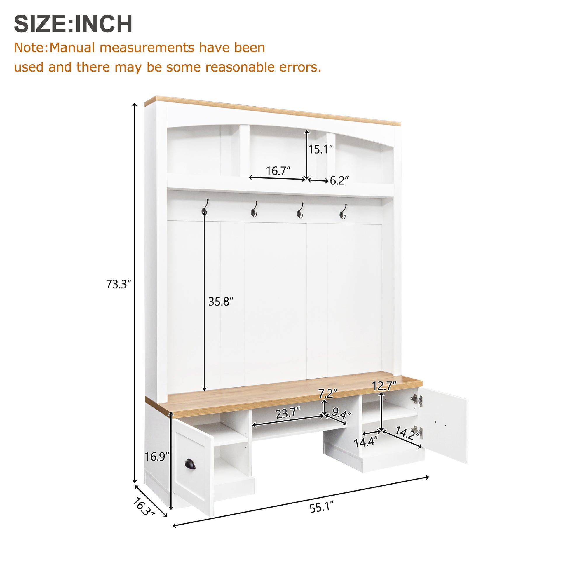 Farmhouse 4 In 1 Hall Tree With Wood Grain Bench And Top, Multifunctional Coat Rack With Black Hooks And Shell Handles, Mudroom Bench With Adjustable Shelves For Hallway, Living Room, White White Primary Living Space Particle Board