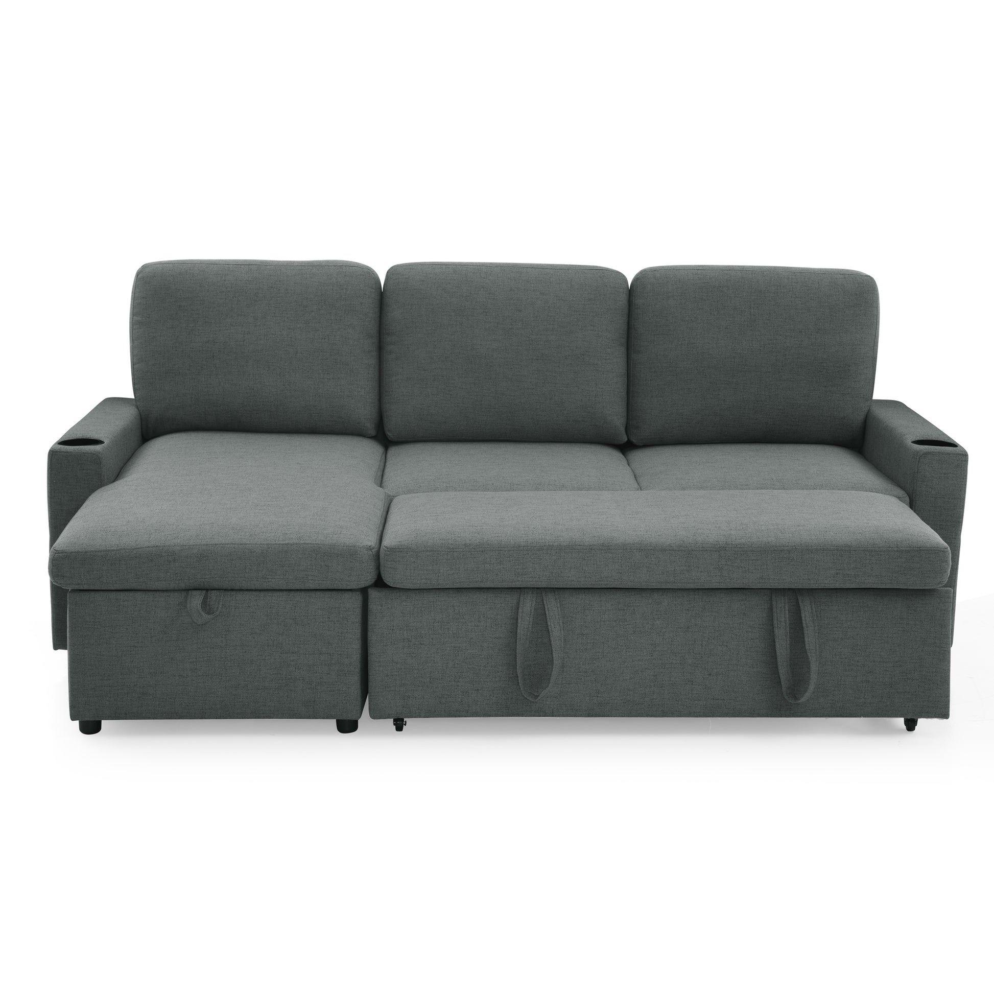 Linen Upholstered Sleeper Sectional Sofa, Shaped Modular Convertible Sofa With Storage Chaise,Side Armrests With Cup Holders,Pull Out Sleep Couch Bed ,Usb Port On The Right,Grey Full Grey Linen