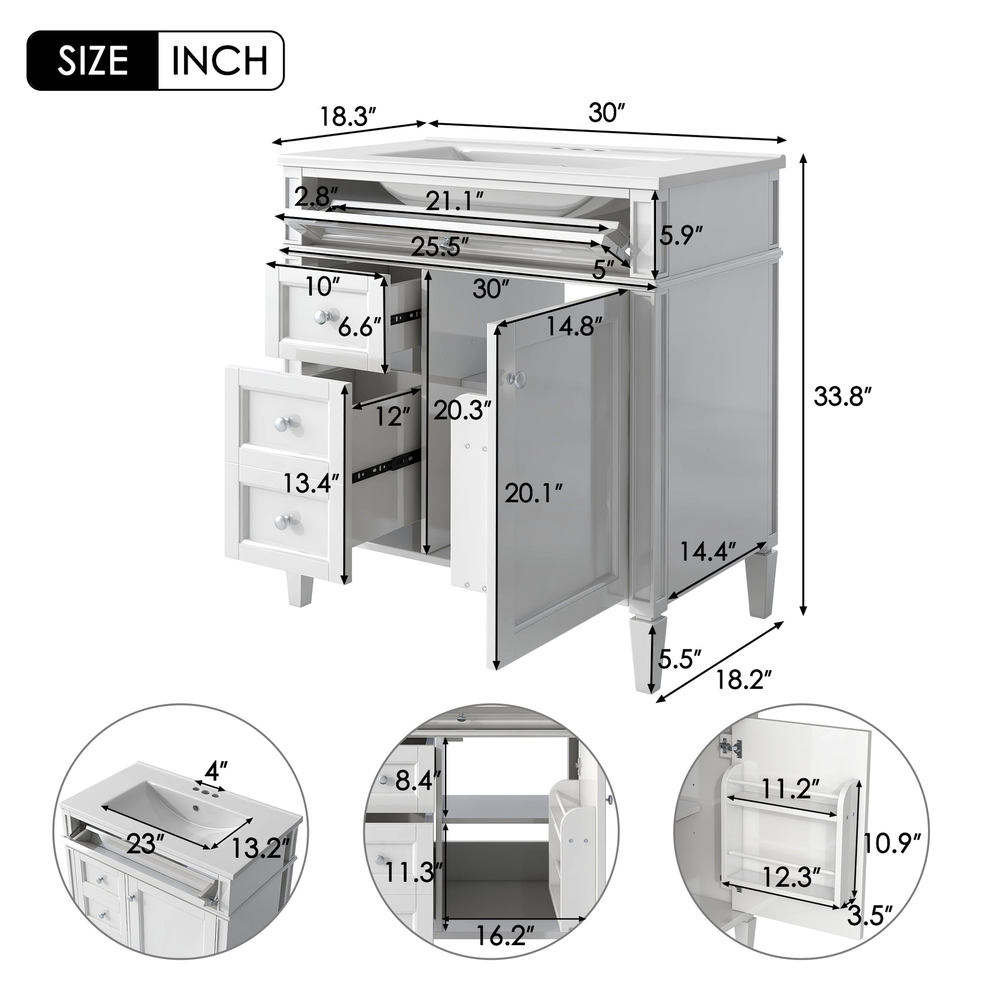 30'' Bathroom Vanity With Top Sink, Modern Bathroom Storage Cabinet With 2 Drawers And A Tip Out Drawer, Single Sink Bathroom Vanity White Bathroom Modern Mdf Ceramic,Solid Wood Mdf