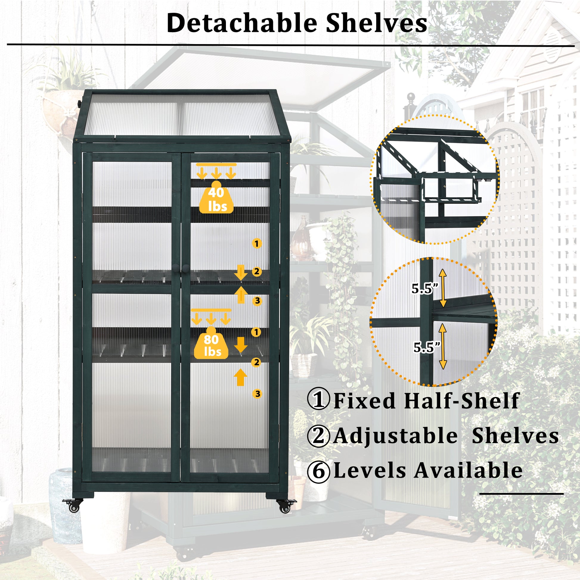 62Inch Height Wood Large Greenhouse Balcony Portable Cold Frame With Wheels And Adjustable Shelves For Outdoor Indoor Use, Forest Green Green Casual Wood Solid Wood