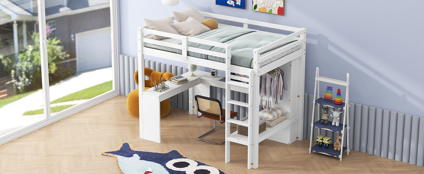 Twin Size Loft Bed With L Shaped Desk, Wardrobe And Storage Shelves, White Box Spring Not Required Twin White Wood Bedroom Solid Wood Mdf