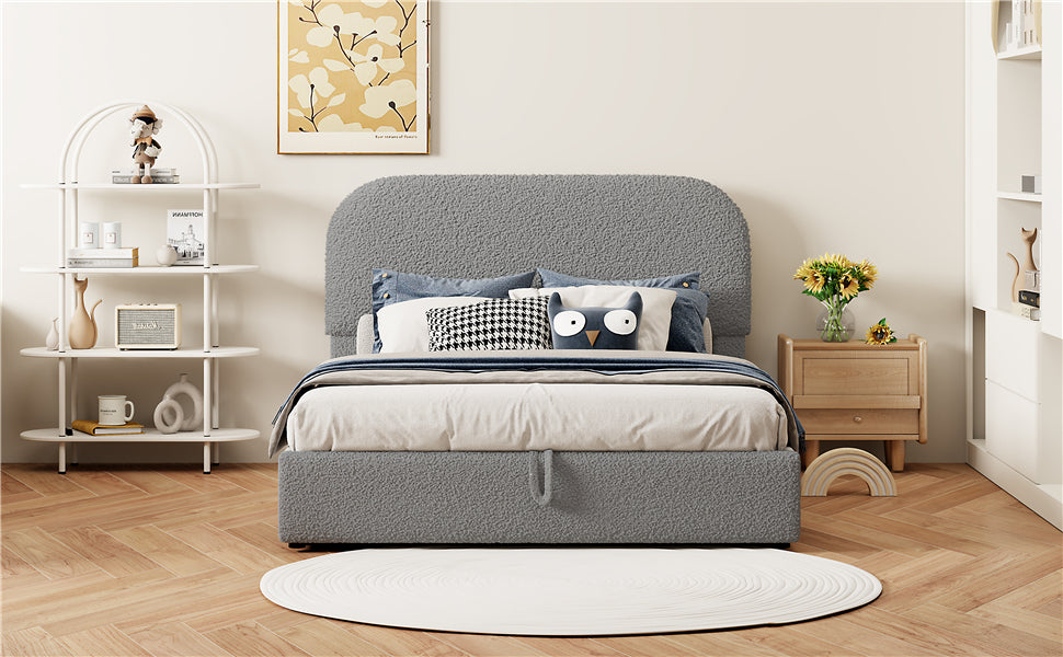 Teddy Fleece Full Size Upholstered Platform Bed With Hydraulic Storage System, Gray Full Gray Teddy