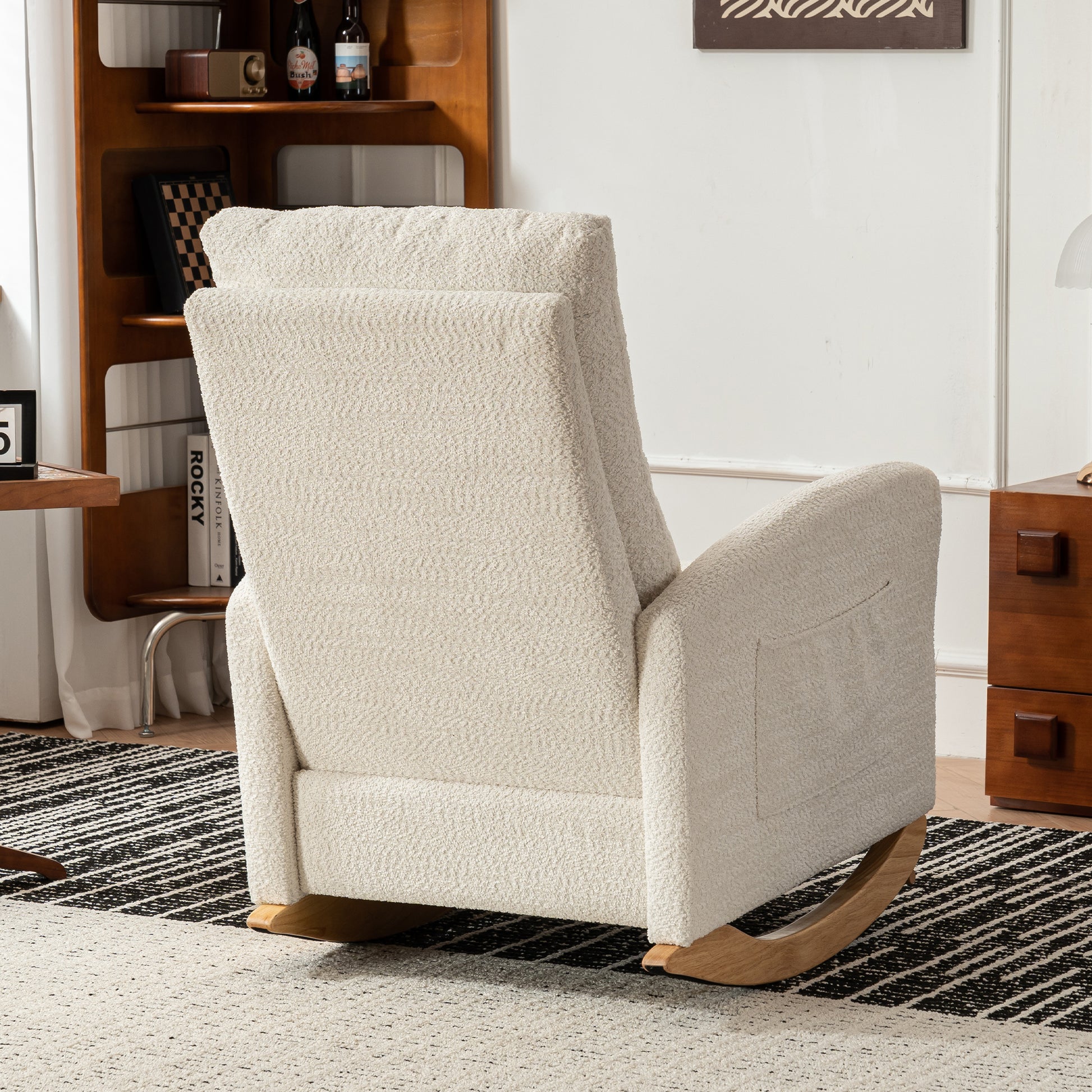 Accent Rocking Chair With Footrest High Back Rubber Wood Rocking Legs Bedroom Living Space Beige Wood