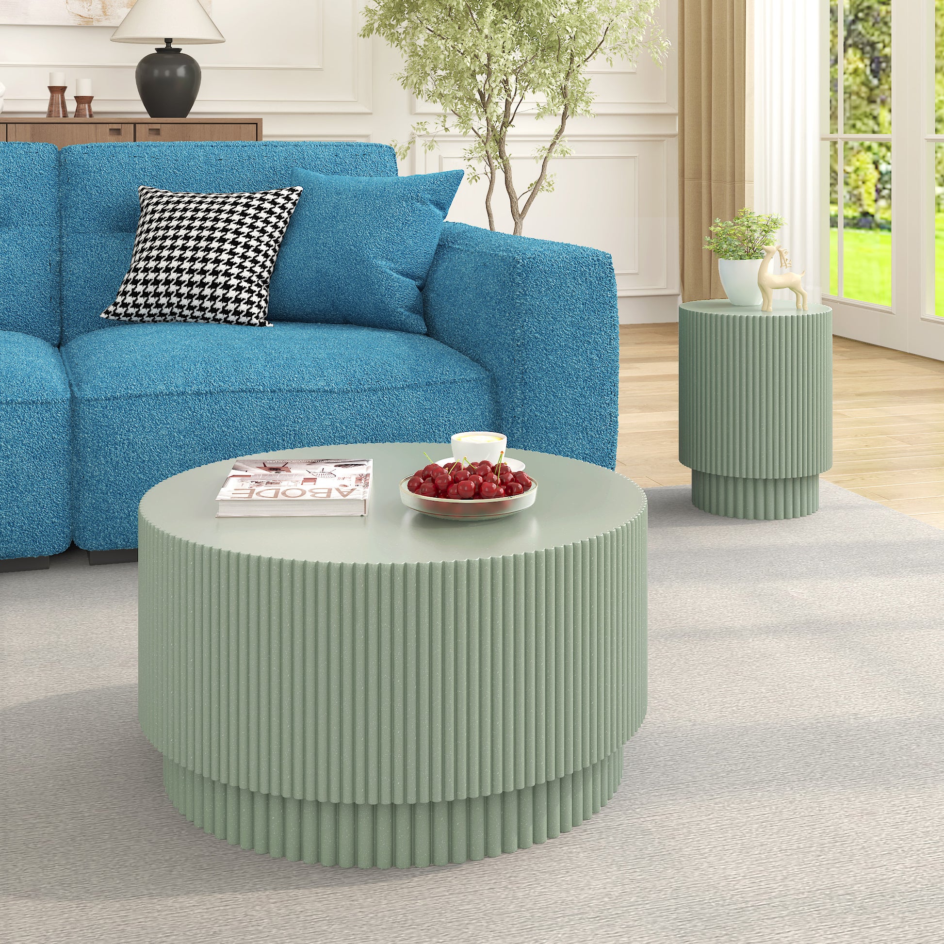 15.72 Inch H Barrel Coffee Table, Nordic Style, Simple Design, Suitable For Indoor And Outdoor Use, Magnesium Oxide Material, Suitable For Living Room, Bedroom Or Garden Sofa Light Green Magnesium