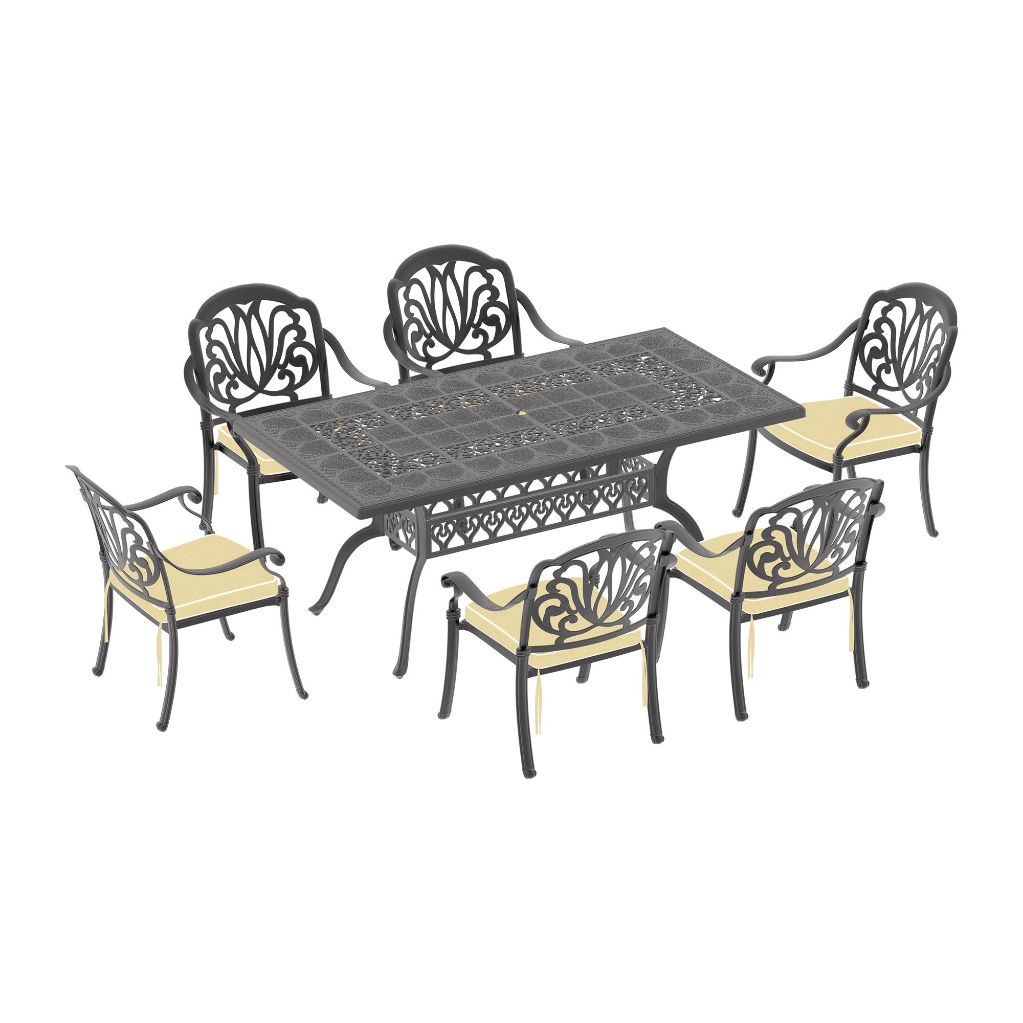 Cushions In Random Colors 7 Piece Set Of Cast Aluminum Patio Furniture With Cushions Yes Dining Set Black Seats 6 Rust Resistant Frame Water Resistant Cushion Garden & Outdoor Complete Patio Sets Aluminium