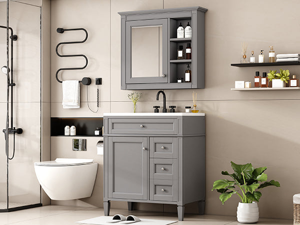 30'' Bathroom Vanity With Top Sink, Modern Bathroom Storage Cabinet With 2 Drawers And A Tip Out Drawer, Freestanding Vanity Set With Mirror Cabinet, Single Sink Bathroom Vanity 3 Grey Bathroom Solid Wood Mdf Resin Painted