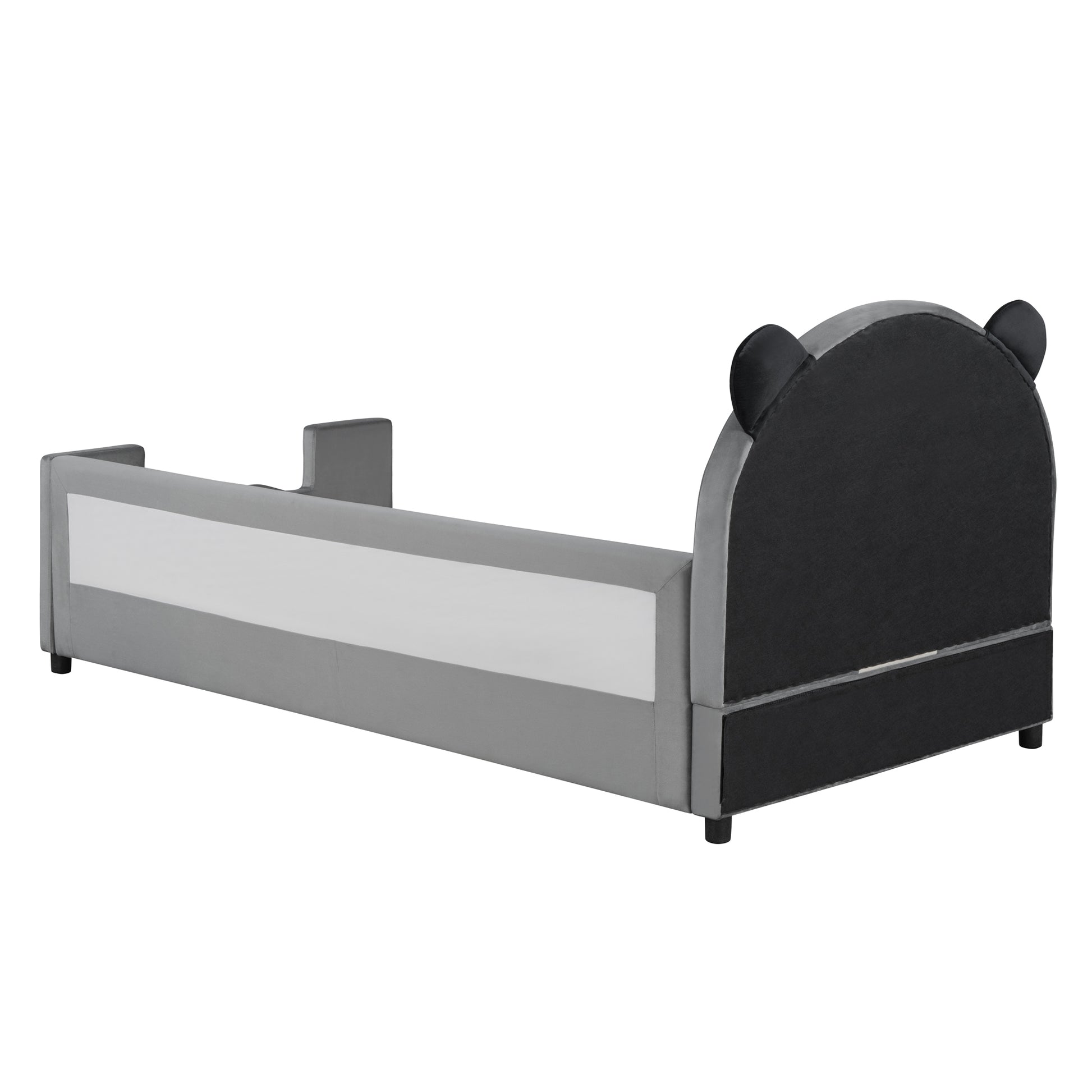 Twin Size Upholstered Daybed With Bear Shaped Headboard, Hydraulic System Andmesh Fence, Gray Gray Velvet