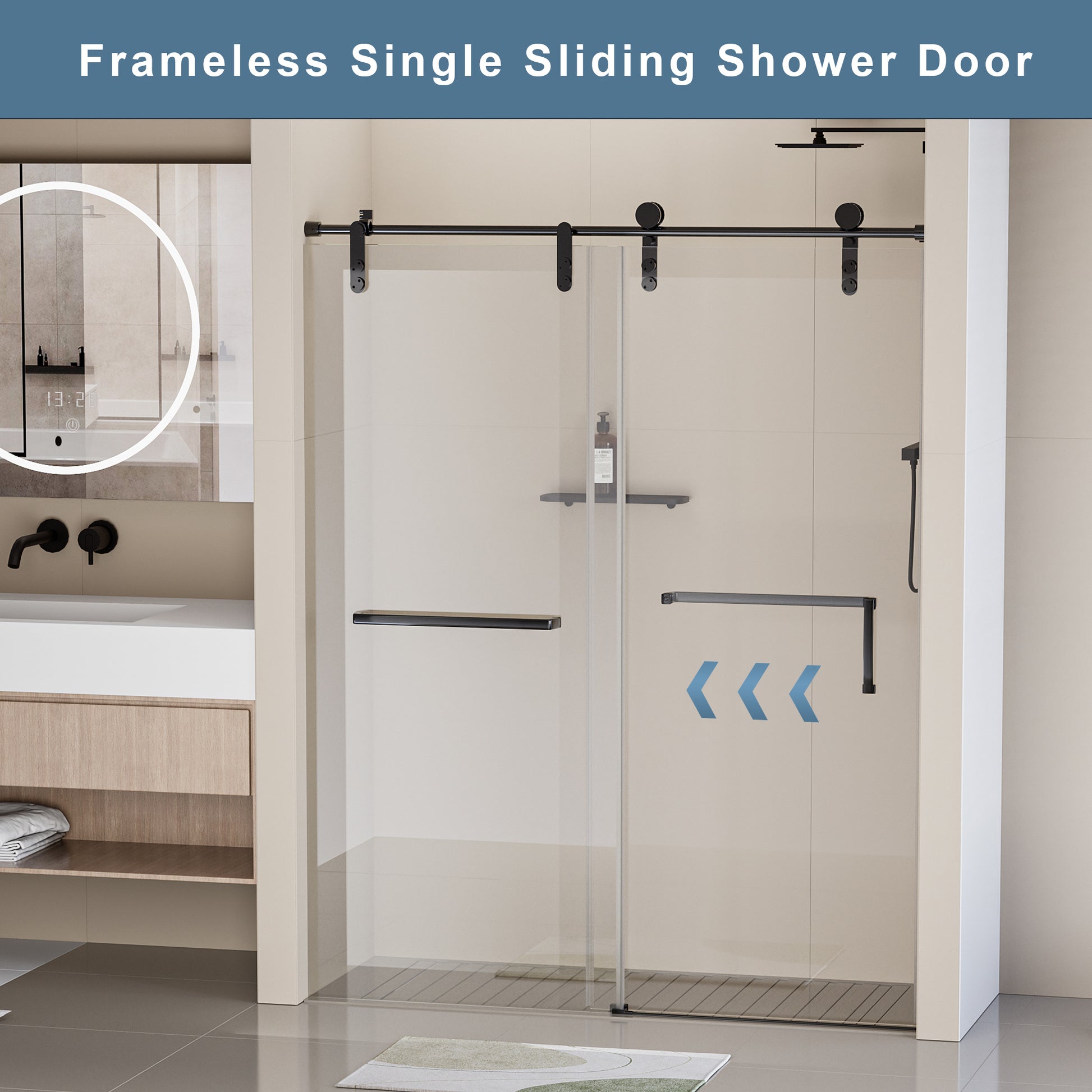 56 60 In. W X 76 In. H Frameless Shower Door, Single Sliding Shower Door, 5 16" 8Mm Clear Tempered Glass Shower Door Explosion Proof Film, Stainless Steel Hardware, Matte Black 24D210 60Mb Combo Matte Black Glass