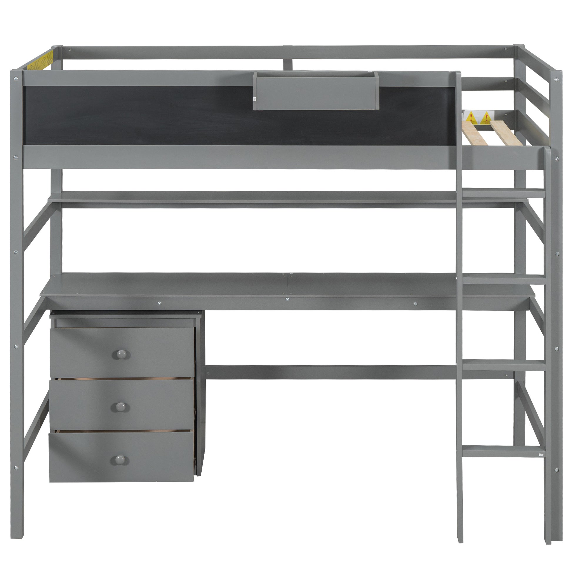 Wood Twin Size Loft Bed With Desk, Blackboard, Storage Box, Shelf And 3 Drawers, Gray Box Spring Not Required Twin Gray Wood Solid Wood Mdf