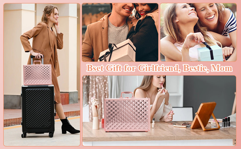 Portable Makeup Case With Led Mirror Travel Makeup Bag Cosmetic Organizer Box With Locks, Brush Holder, Dividers, Rechargeable, Rose Gold Rose Gold Aluminium Alloy