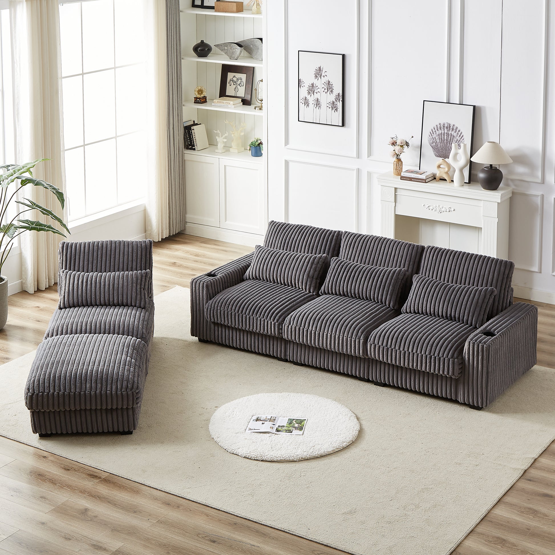 128 Inch Corduroy With Cup Holder Super Large L Shaped Sofa, Movable Footrest, Four Waist Pillows And Four Back Cushion, With Usb Port And T Pyce Port Grey Corduroy 4 Seat