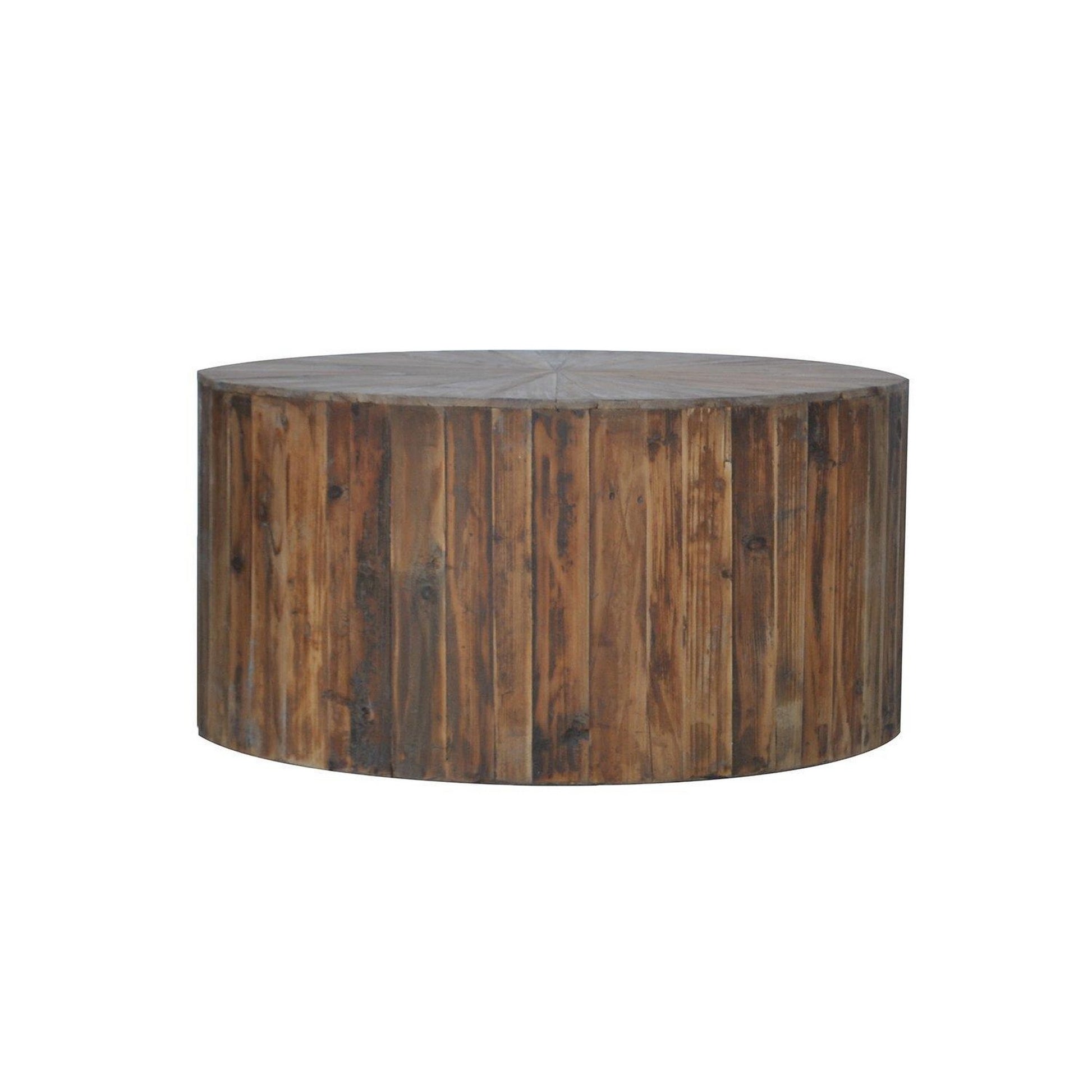 36 Inch Round Drum Coffee Table, Classic Plank Design, Rustic Brown Wood Brown Wood