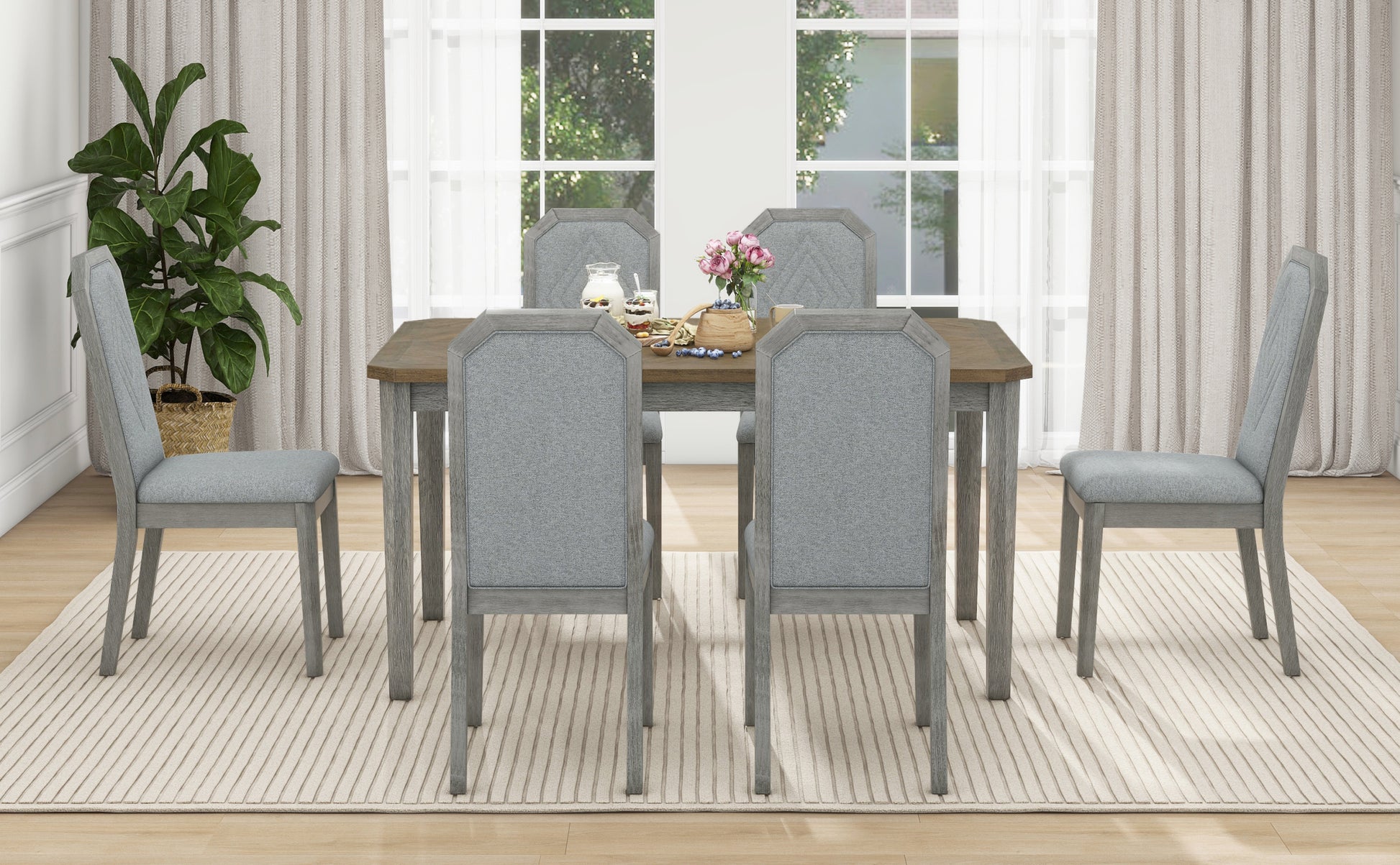 7 Piece Farmhouse Dining Set Classic Rustic Table And 6 High Back Design Chairs For Dining Room, Kitchen Brown Gray Brown Gray Solid Wood Mdf