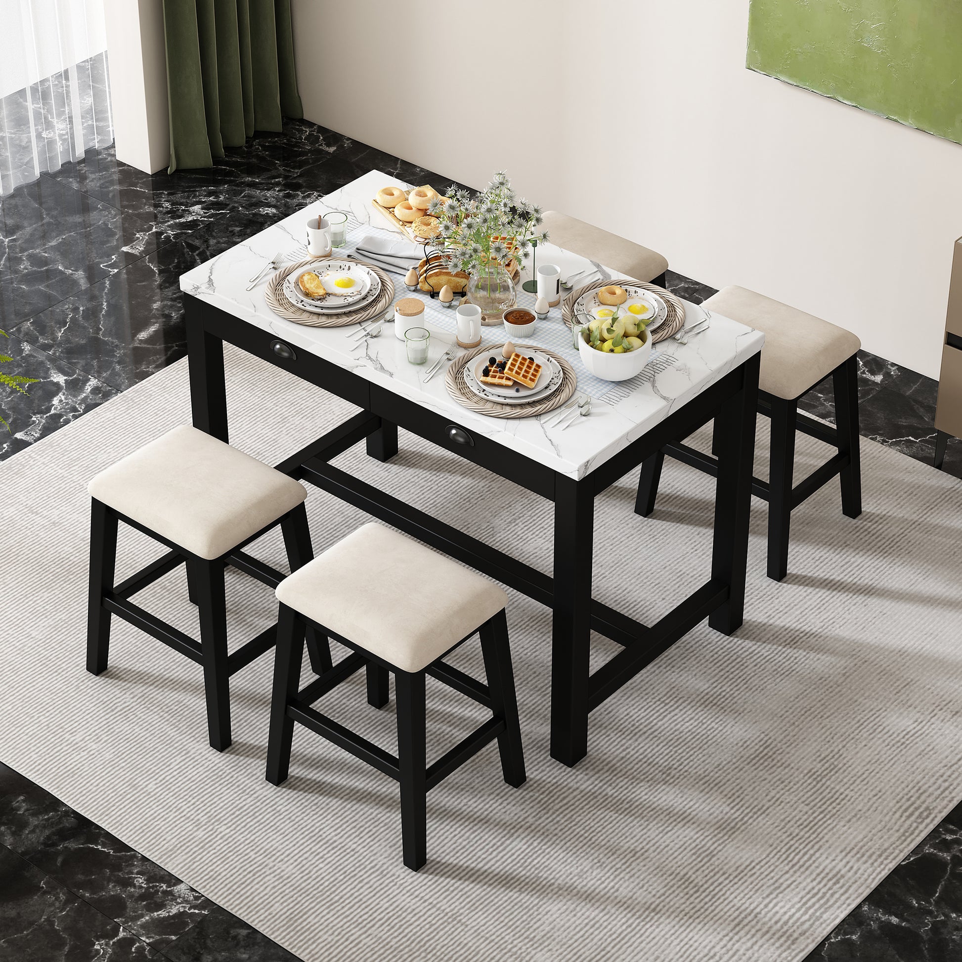 5 Piece Modern Faux Marble Versatile Bar Table Set With Storage Drawers And Padded Stools, Ideal For Space Saving Dining Nooks Or Small Kitchens Black Black Solid Wood Mdf