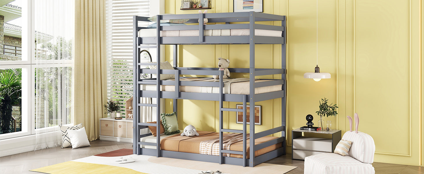 Triple Rubber Wood Bunk Bed With Two Built In Ladders, Guardrails, Twin Over Twin Over Twin, Detachable Triple Twin Bunk Bed,Grey Twin Grey Bedroom American Design Bed Frame Rubber Wood