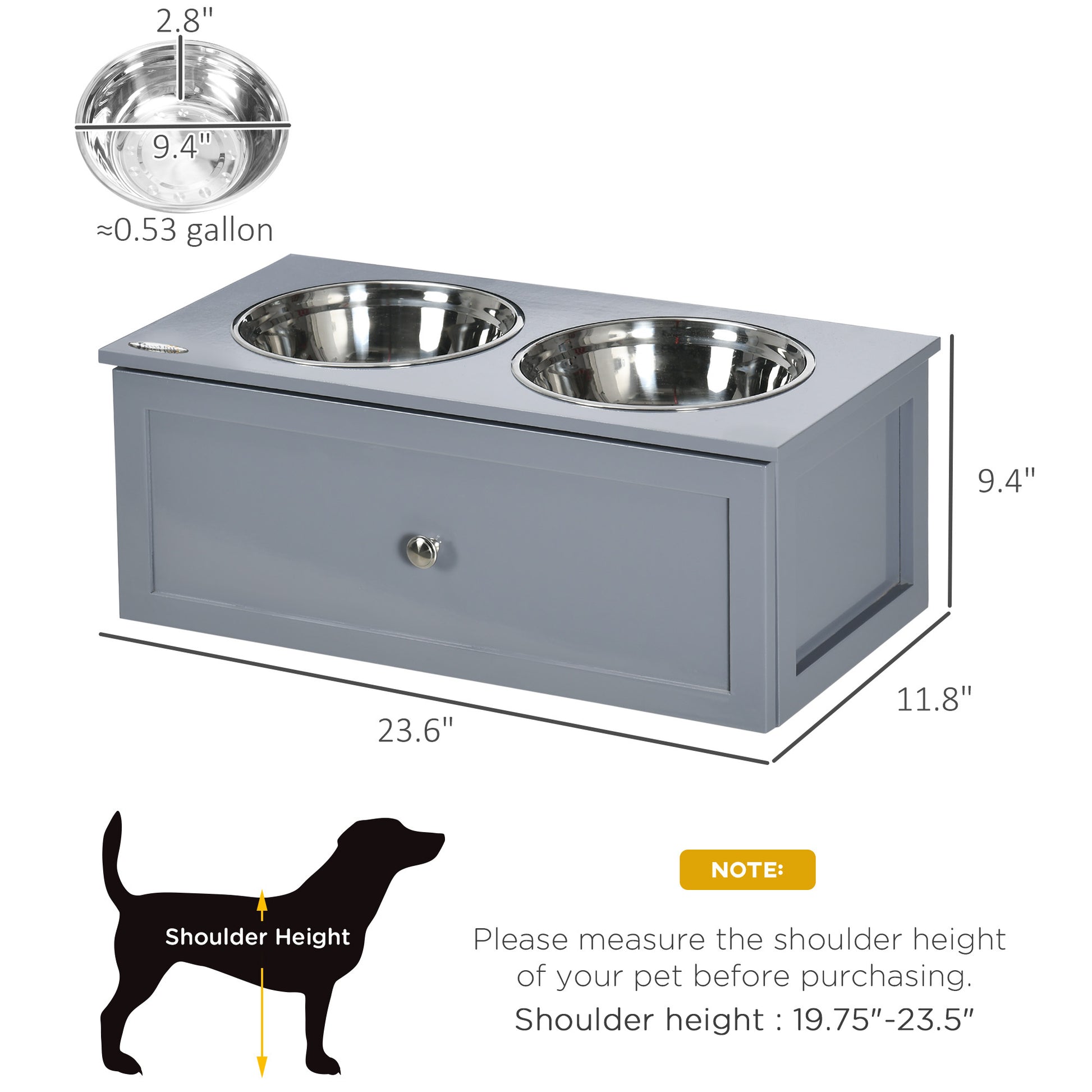 Pawhut Elevated Dog Bowls, Raised Dog Bowl Stand With Storage, 2 Stainless Steel Bowls, Pet Feeding Station For Medium Dogs, Indoor Use, 23.6" X 11.8" X 9.4", Gray Grey Stainless Steel