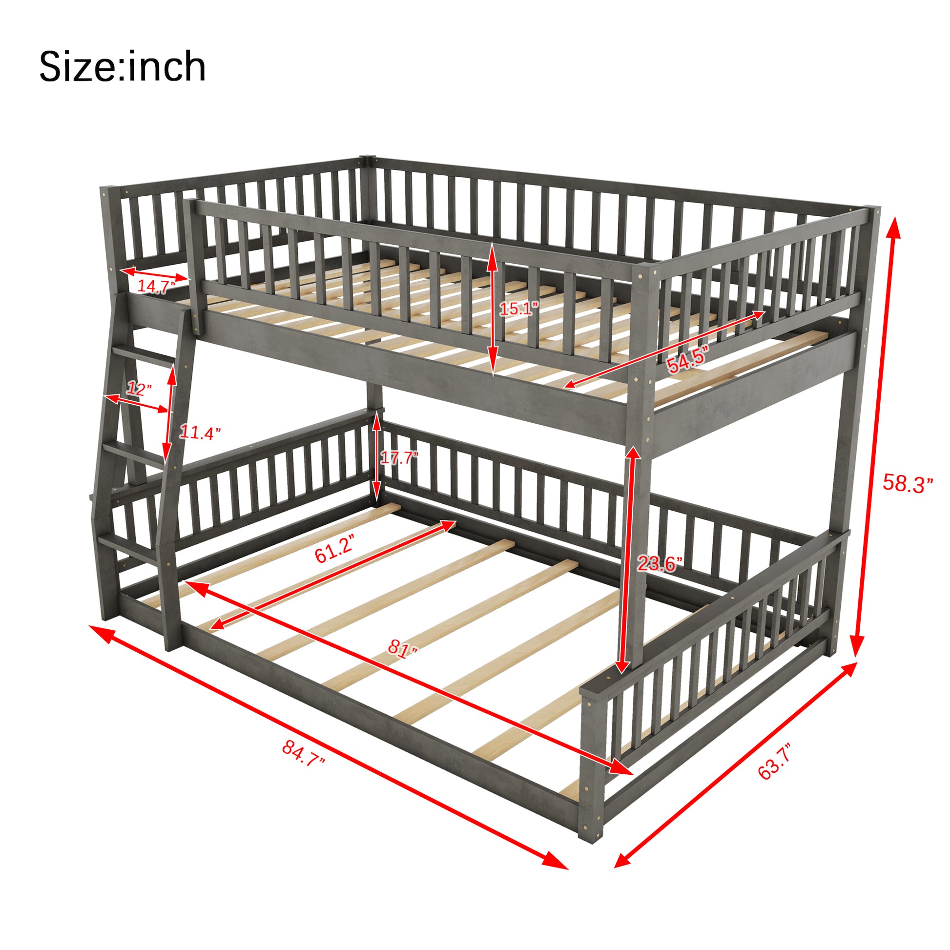 Full Xl Over Queen Bunk Bed With Ladder And Guardrails, Gray Box Spring Not Required Queen Gray Wood Bunk Solid Wood Mdf