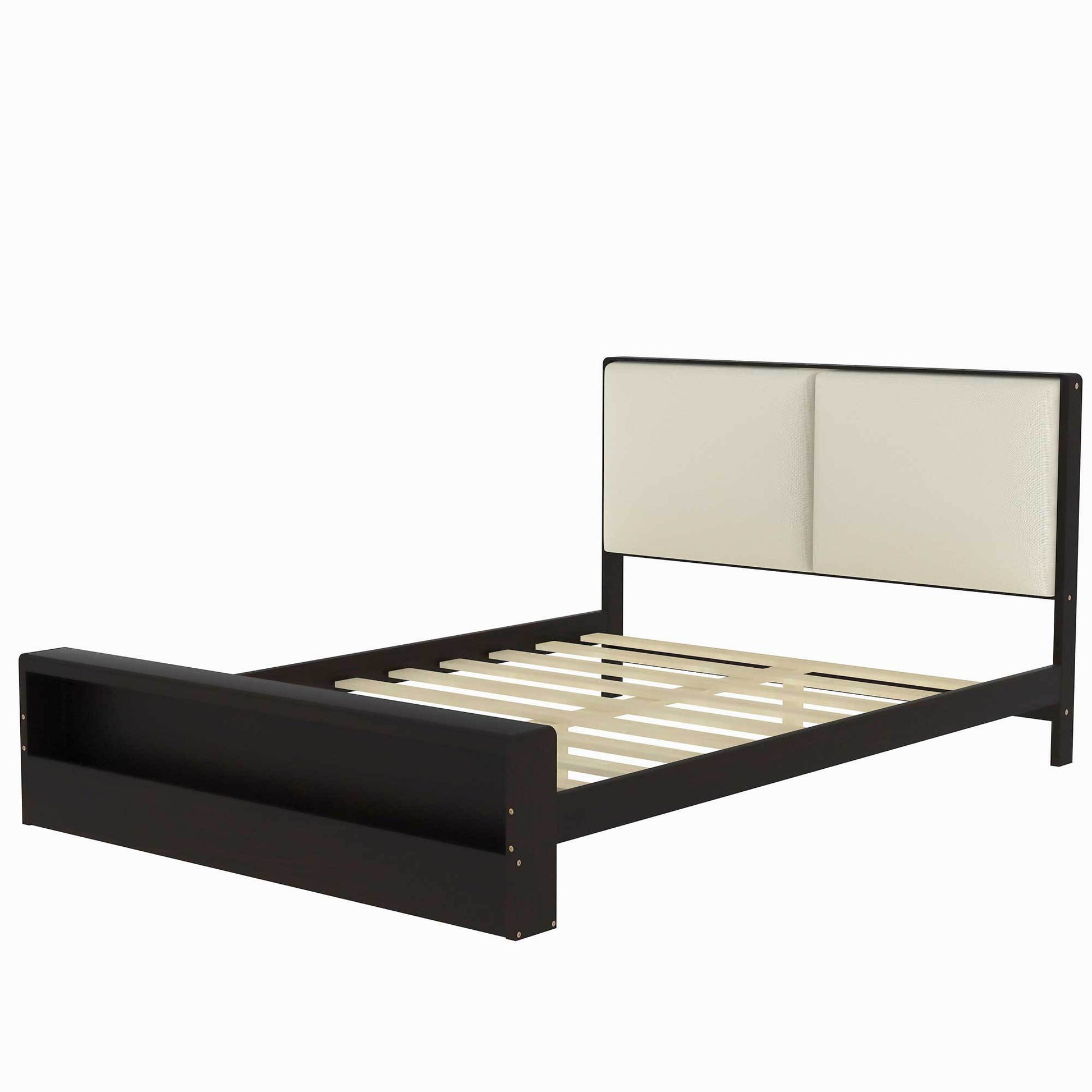 Queen Size Platform Bed Frame With Upholstery Headboard And Bookshelf In Footboard And Led Light Strips, Espresso Queen Espresso Solid Wood Mdf