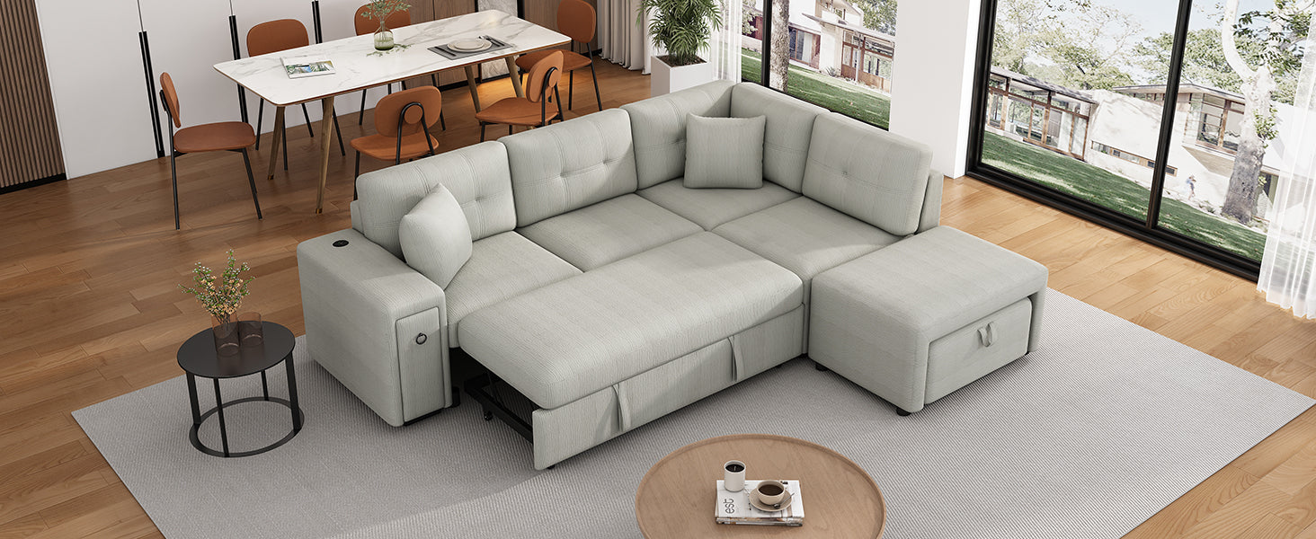 86.6" Sectional Sofa L Shaped Sofa Couch Pull Out Sofa Bed With A Movable Ottoman, Two Usb Ports And Two Cup Holders For Living Room, Gray Grey Foam Chenille 4 Seat