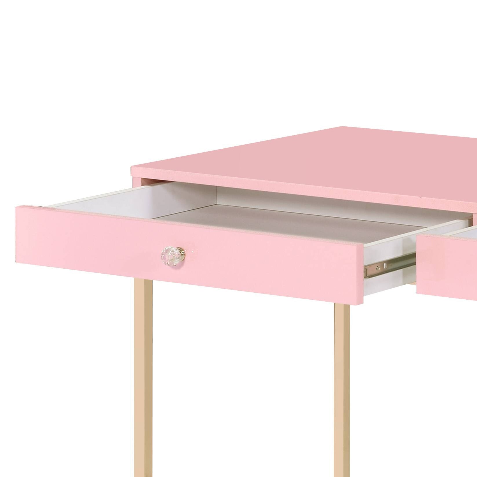 Pink High Gloss And Gold 2 Drawer Writing Desk Pink Writting Desk Office Rectangular Drawers Wood Metal