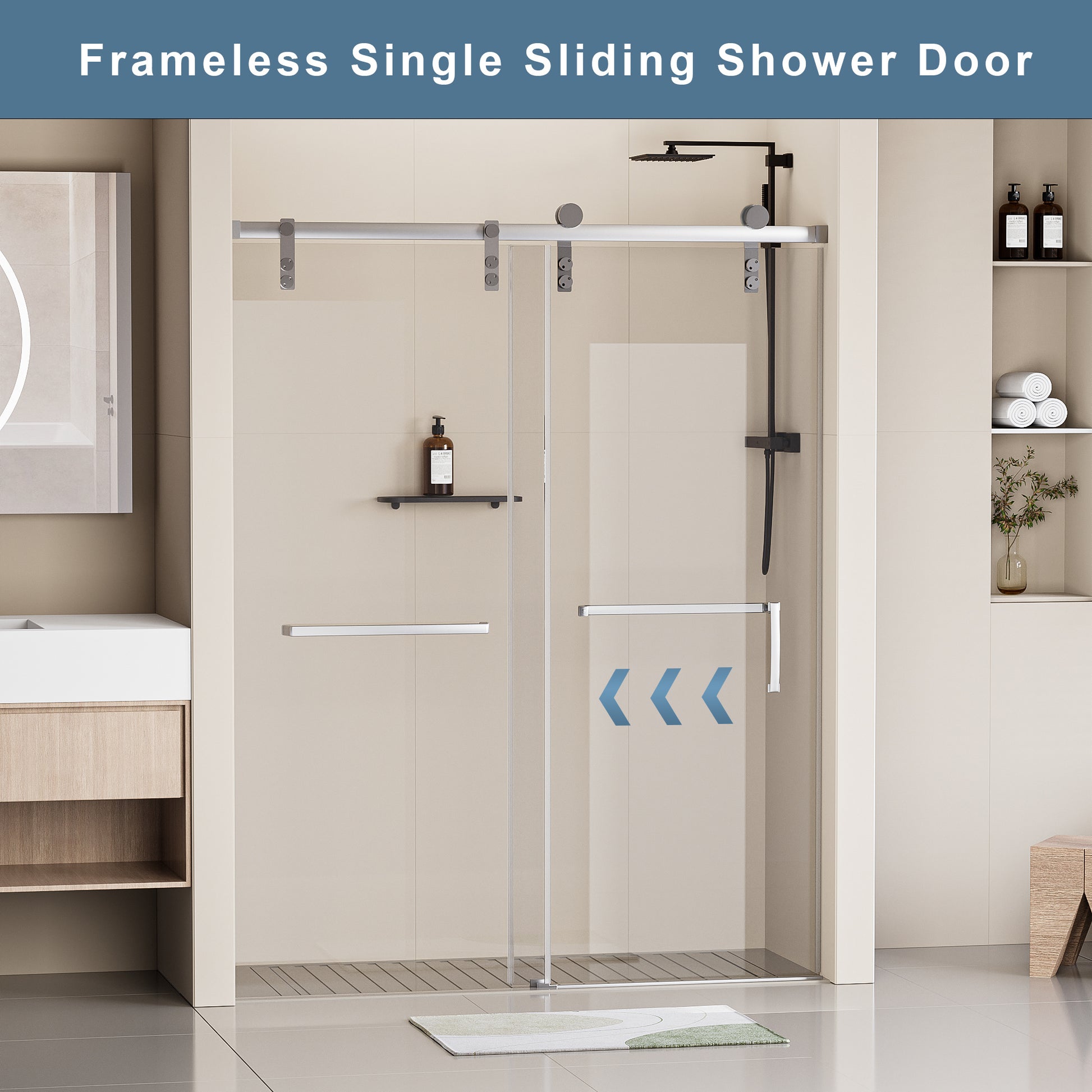 60" W X 76" H Frameless Soft Closing Shower Door, Single Sliding Shower Door, 5 16" 8Mm Clear Tempered Glass Shower Door Explosion Proof Film, Stainless Steel Hardware, Chrome 24D211 60C Combo Chrome Bathroom Tempered Glass