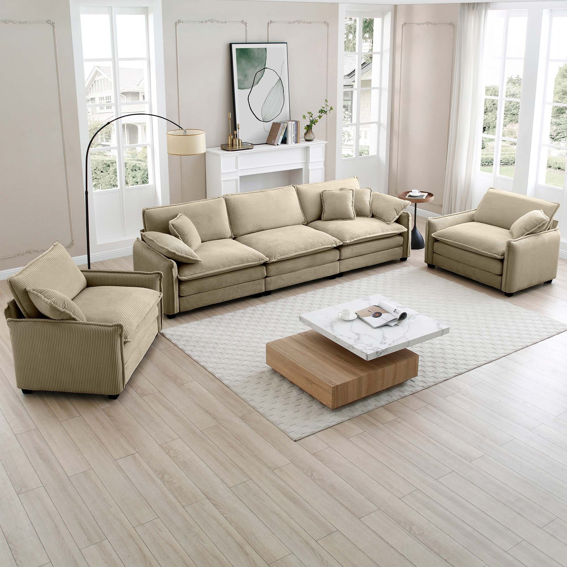 Warm And Cozy Sofa Set With Soft Cushions And Pillows, Home Theater Style Sofa Set Consisting Of A 3 Seater Sofa And Two Single Sofas In Tan Corduroy Fabric Tan Corduroy 5 Seat