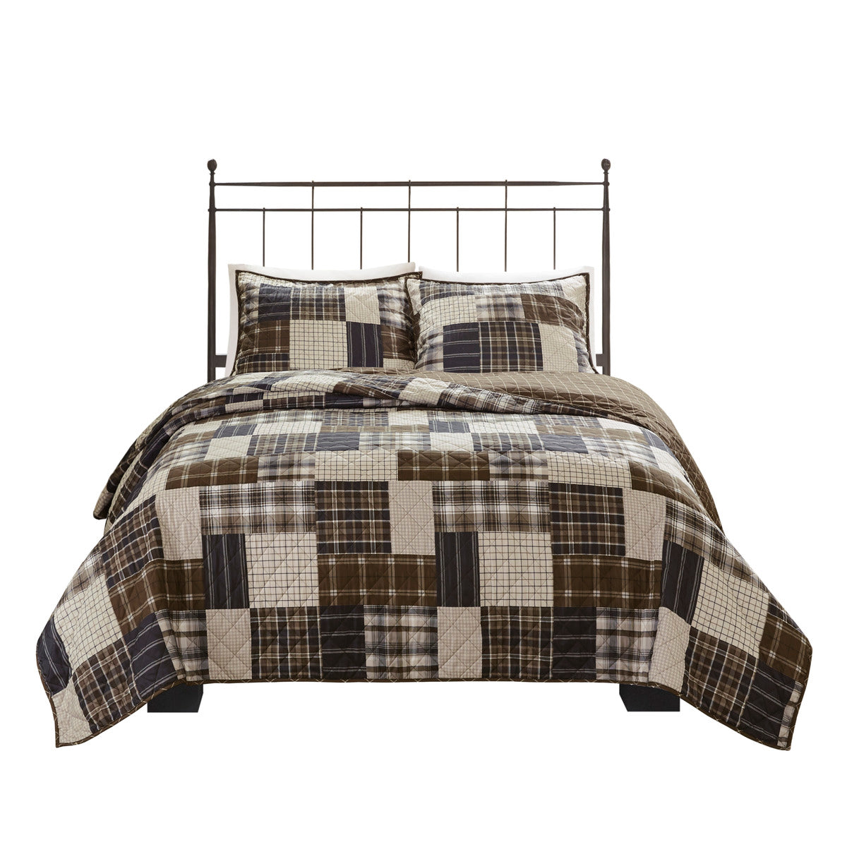 3 Piece Reversible Printed Quilt Set Black Brown King Cal King Black Brown Microfiber