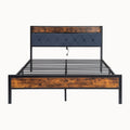 Black Queen Metal Bed Frame With Upholstered Headboard And Footboard And Iron Slats, Rustic Bed Base, Heavy Duty Platform Bed Frame,12 Inch Underbed Storage No Springs Required Box Spring Required Queen Black Dark Walnut Metal Brown Bedroom