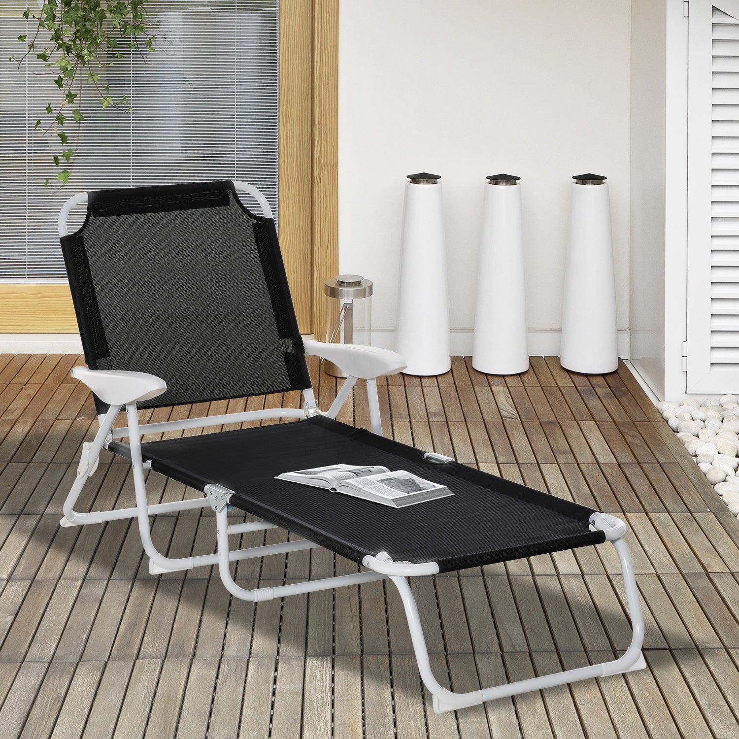 Outsunny Folding Chaise Lounge, Outdoor Sun Tanning Chair, 4 Position Reclining Back, Armrests, Metal Frame And Mesh Fabric For Beach, Yard, Patio, Black Black Metal