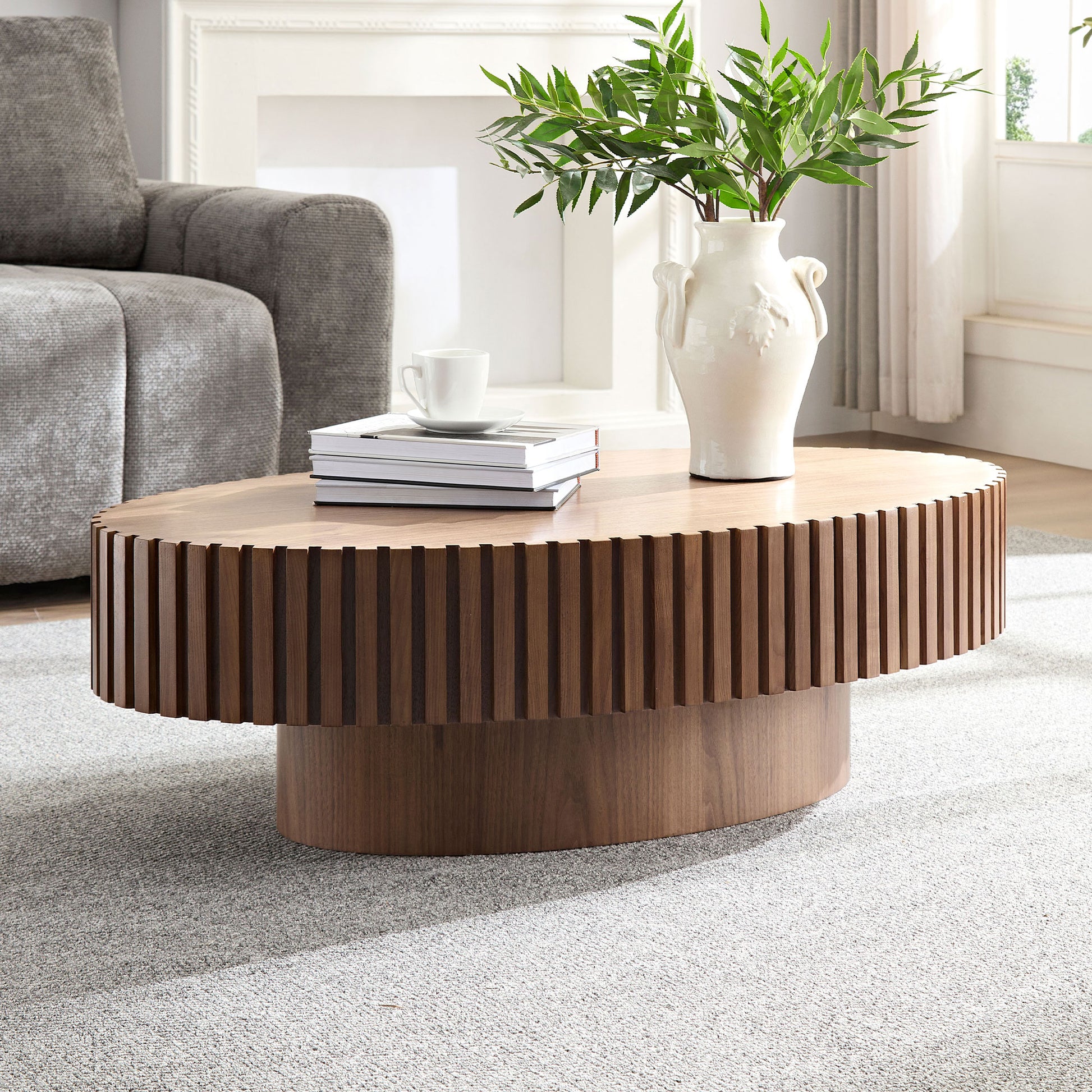 Modern Handcraft Drum Coffee Table Length 43.7 Inch Ellipse Coffee Table For Living Room,Oval Small Coffee Table With Sturdy Pedestal,Walnut Mdf Walnut Mdf