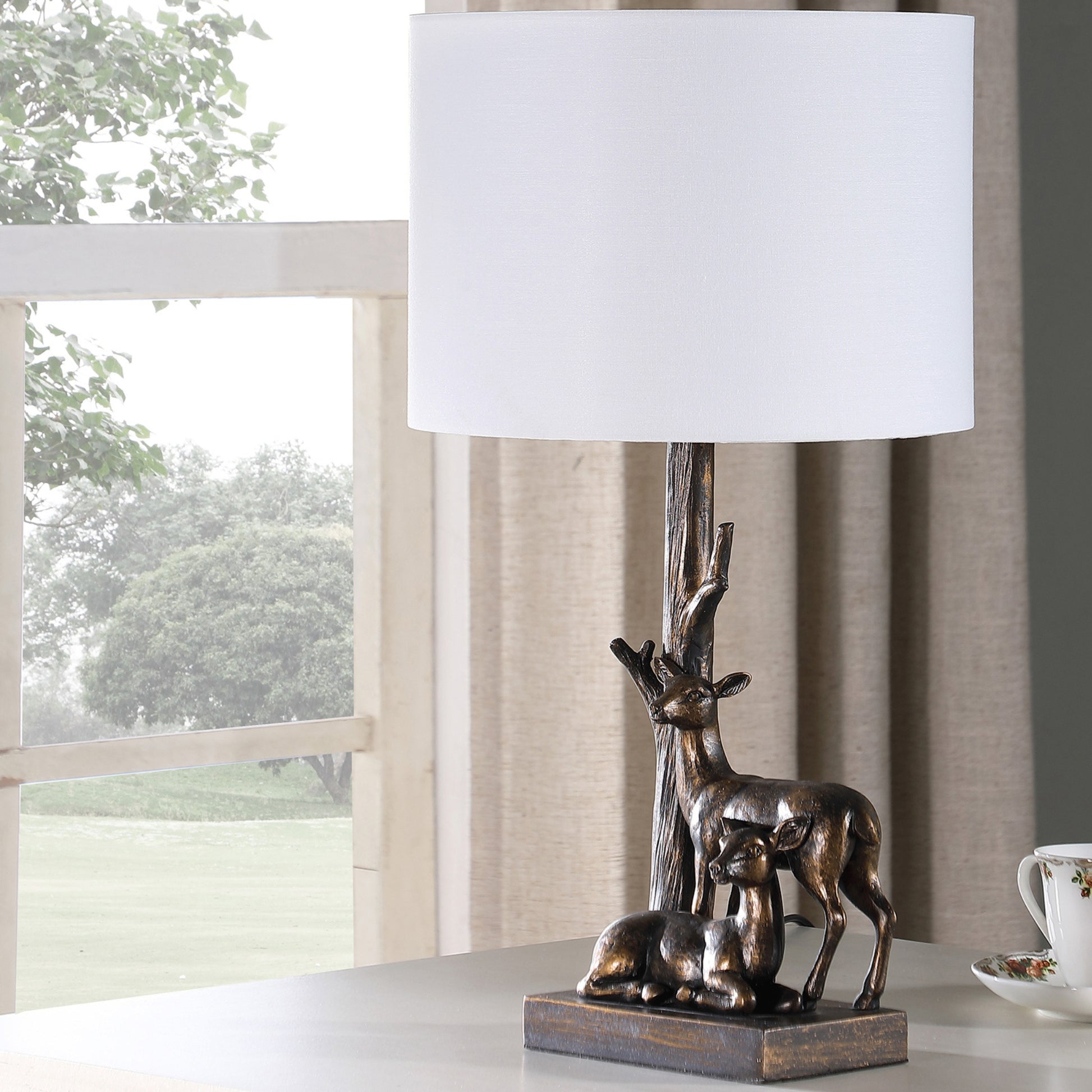 19.75" In Capreolus Bronze Western Roe Deers Polyresin Table Lamp Multi Polyresin