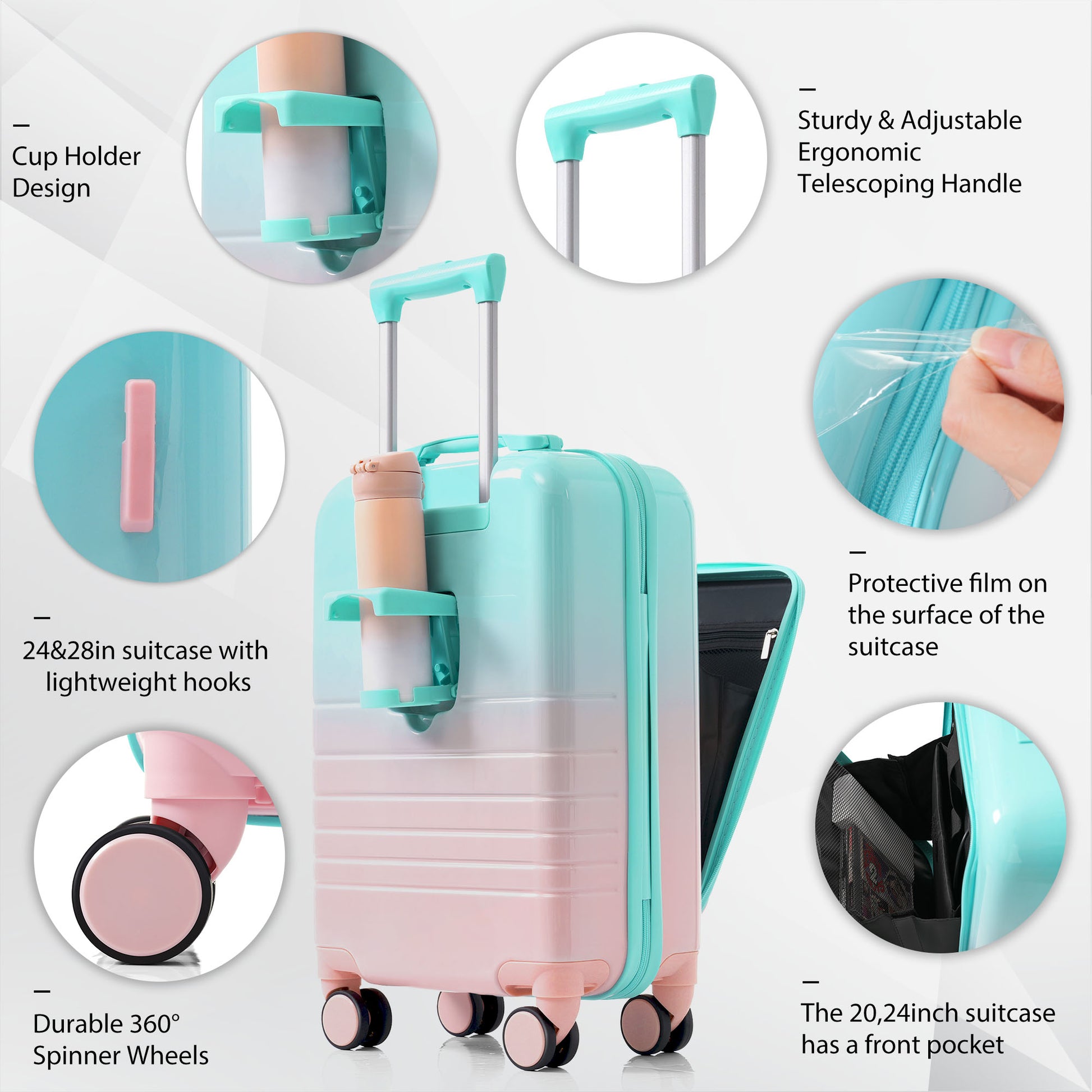 Luggage Set Of 3, 20, 24, 28Inch With Usb Port, 20, 24Inch With Front Opening Design Airline Certified Carry On Luggage With Cup Holder, Abs Pc Hard Shell Luggage With Spinner Wheels, Light Blue