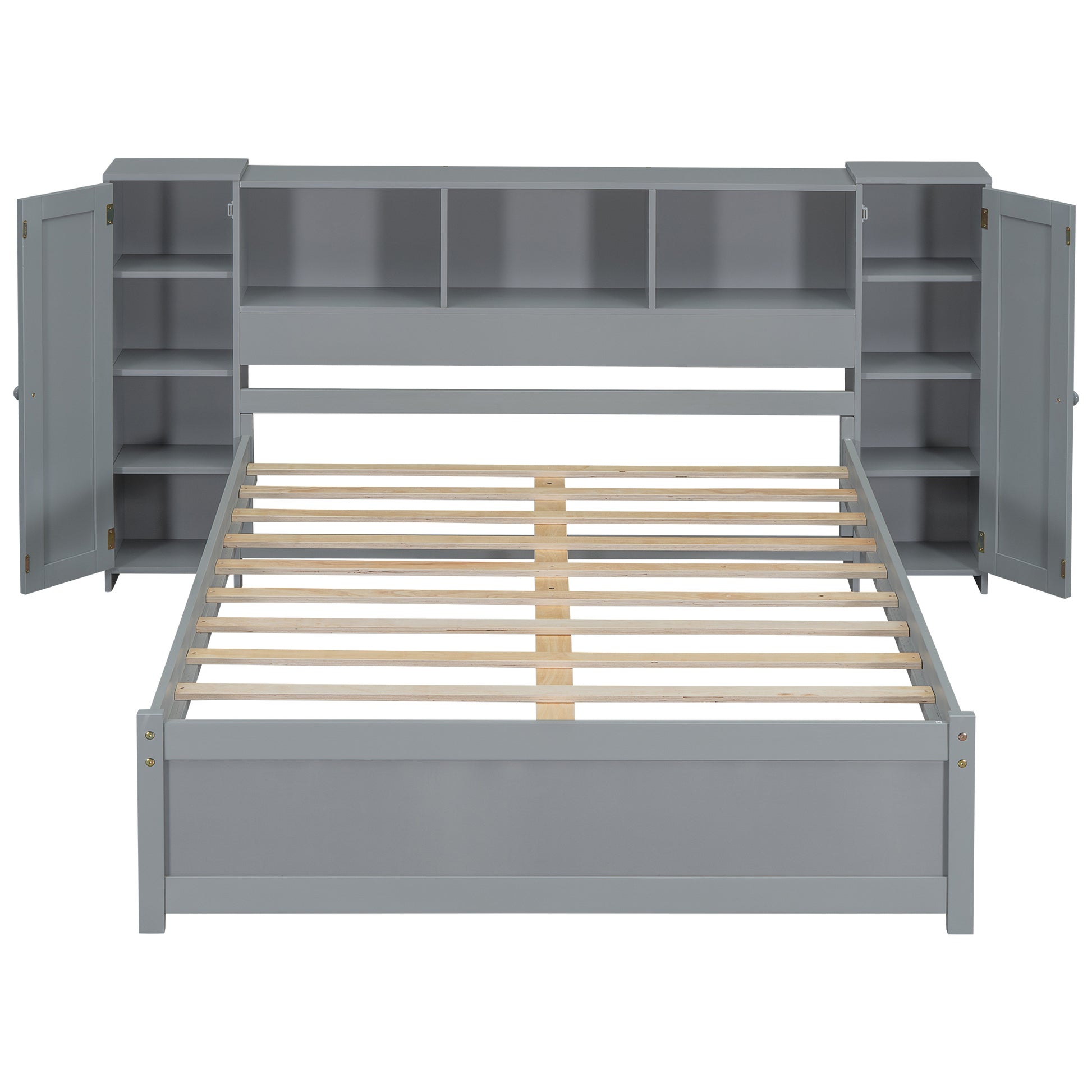 Full Size Platform Bed With Storage Headboard And Lockers, Gray Full Box Spring Not Required Gray Wood Bedroom Solid Wood Mdf