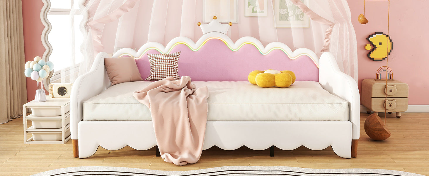 Twin Extending Daybed With Led Lights, Modern Upholstered Princess Daybed With Crown Headboard,White Twin White Wood