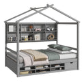 Full House Bed With Roof Frame, Bedside Shelves, Under Bed Storage Unit,Grey Full Grey American Design Pine