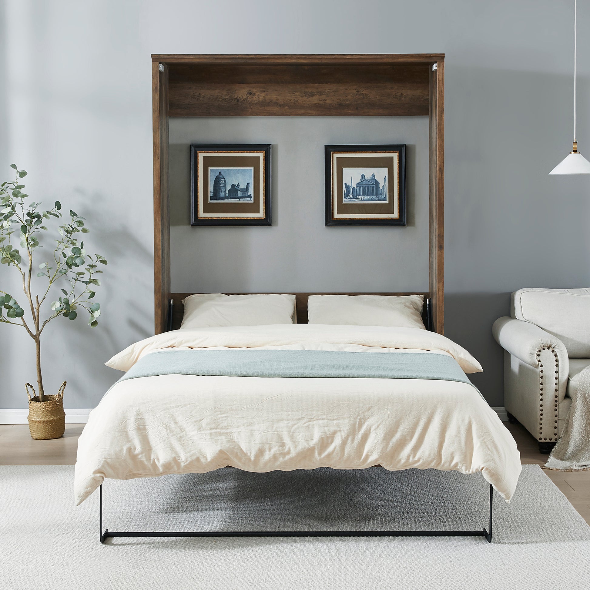 Queen Size Half Self Close And Open Murphy Bed Cabinet Space Saving Bed Perfect For Guest Room, For Bed Room, Guest Room, Home Office, Brown Box Spring Not Required Queen Brown Wood Brown Pine Murphy Pine