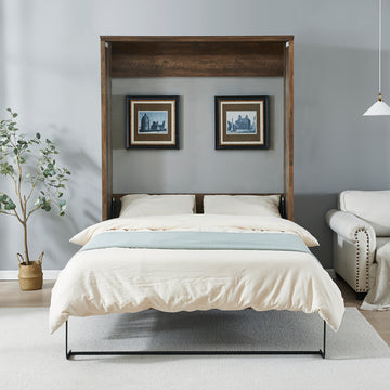 Queen Size Half Self Close And Open Murphy Bed Cabinet Space Saving Bed Perfect For Guest Room, For Bed Room, Guest Room, Home Office, Brown Box Spring Not Required Queen Brown Wood Brown Pine Murphy Pine