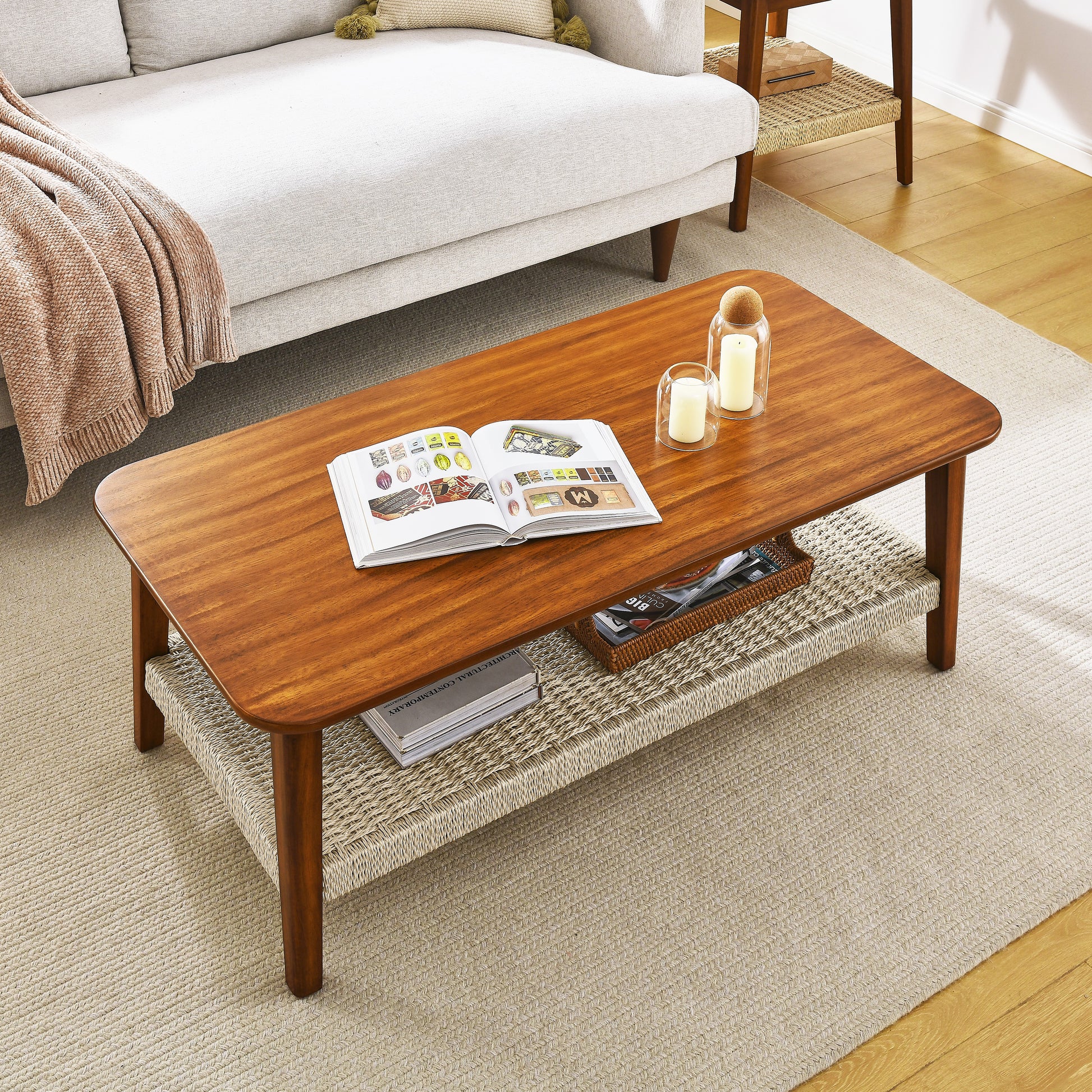 47.25" Mid Century Coffee Table With Woven Shelf, Boho Rattan Coffee Table With Storage, Farmhouse Wood Low Rectangle Tea Table For Living Room Couch Bedroom Patio Home Office Walnut Mdf