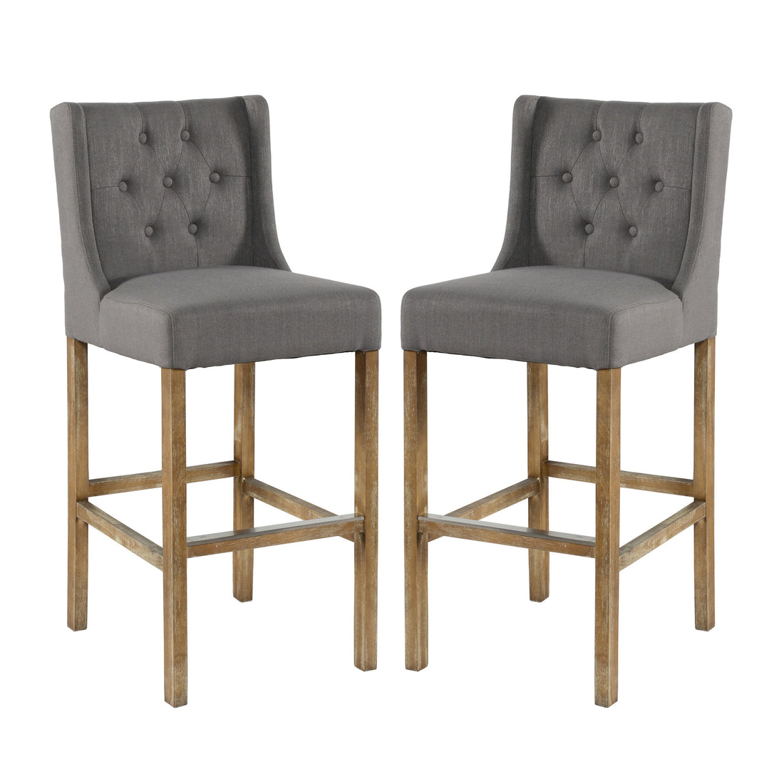 Wooden Barstool With Padded Seat, Button Tufted, Wing Back, Set Of 2, Gray And Brown Grey Wood