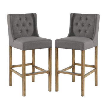 Wooden Barstool With Padded Seat, Button Tufted, Wing Back, Set Of 2, Gray And Brown Grey Wood