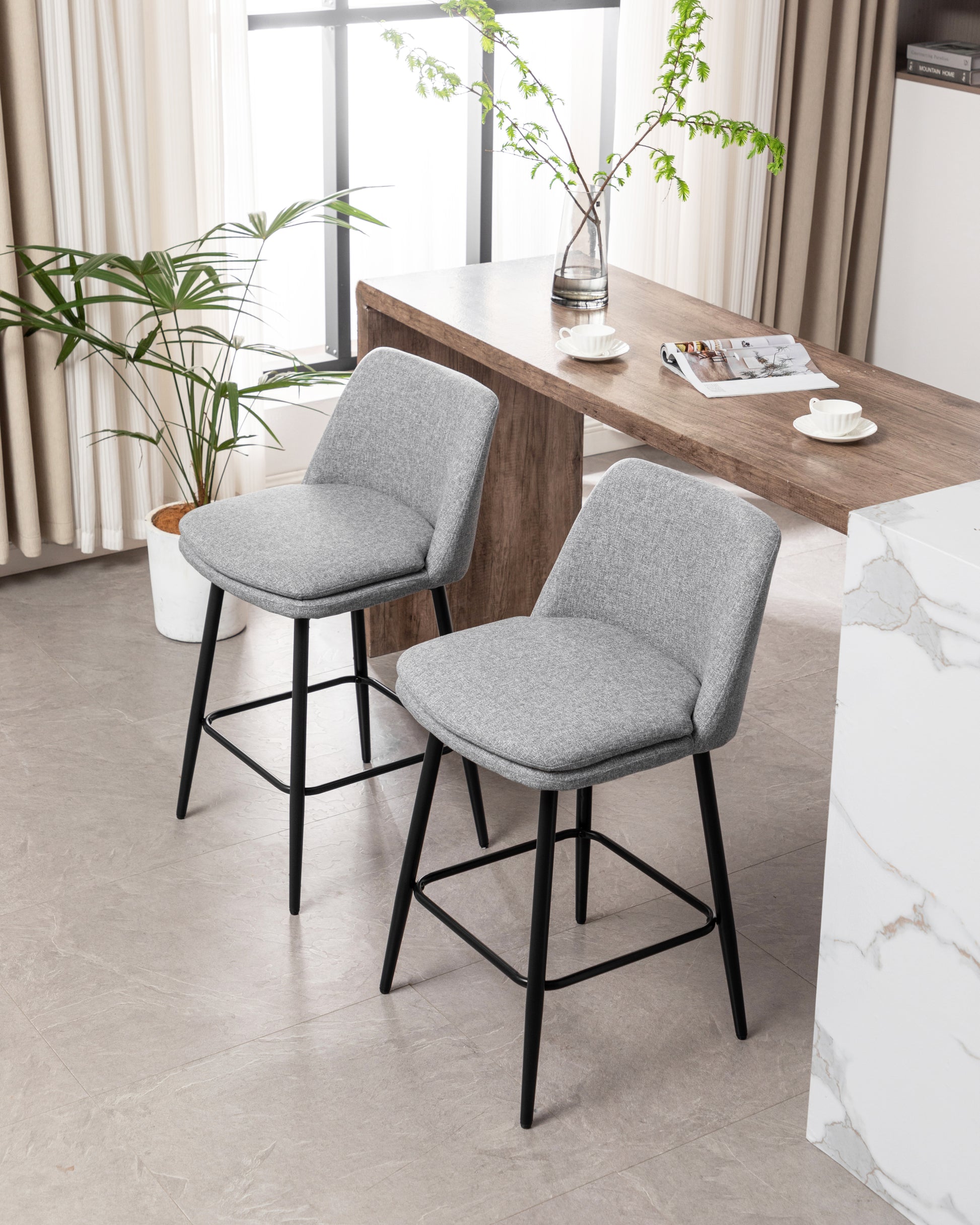 Counter Height Swivel Bar Stools Set Of 2, 360 Swivel Upholstered Barstools With Back And Metal Legs, 25.6" Seat Height,Counter Stools For Kitchen Island And Pub,Linen Cloth,Grey Light Grey Set Of 2 Linen