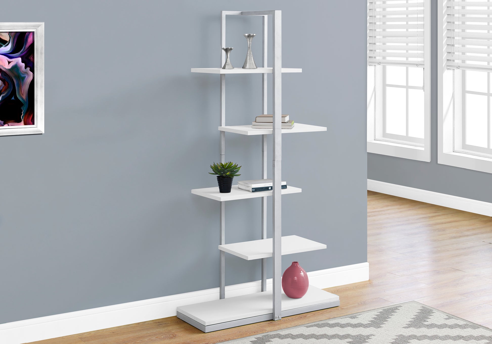 Bookshelf, Bookcase, Etagere, 5 Tier, 60"H, Office, Bedroom, White Laminate, Grey Metal, Contemporary, Modern White Mdf