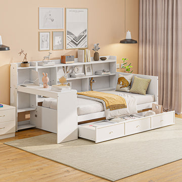 Twin Size Wooden Daybed With 3 Drawers, Usb Ports And Deskwhite Twin White Wood