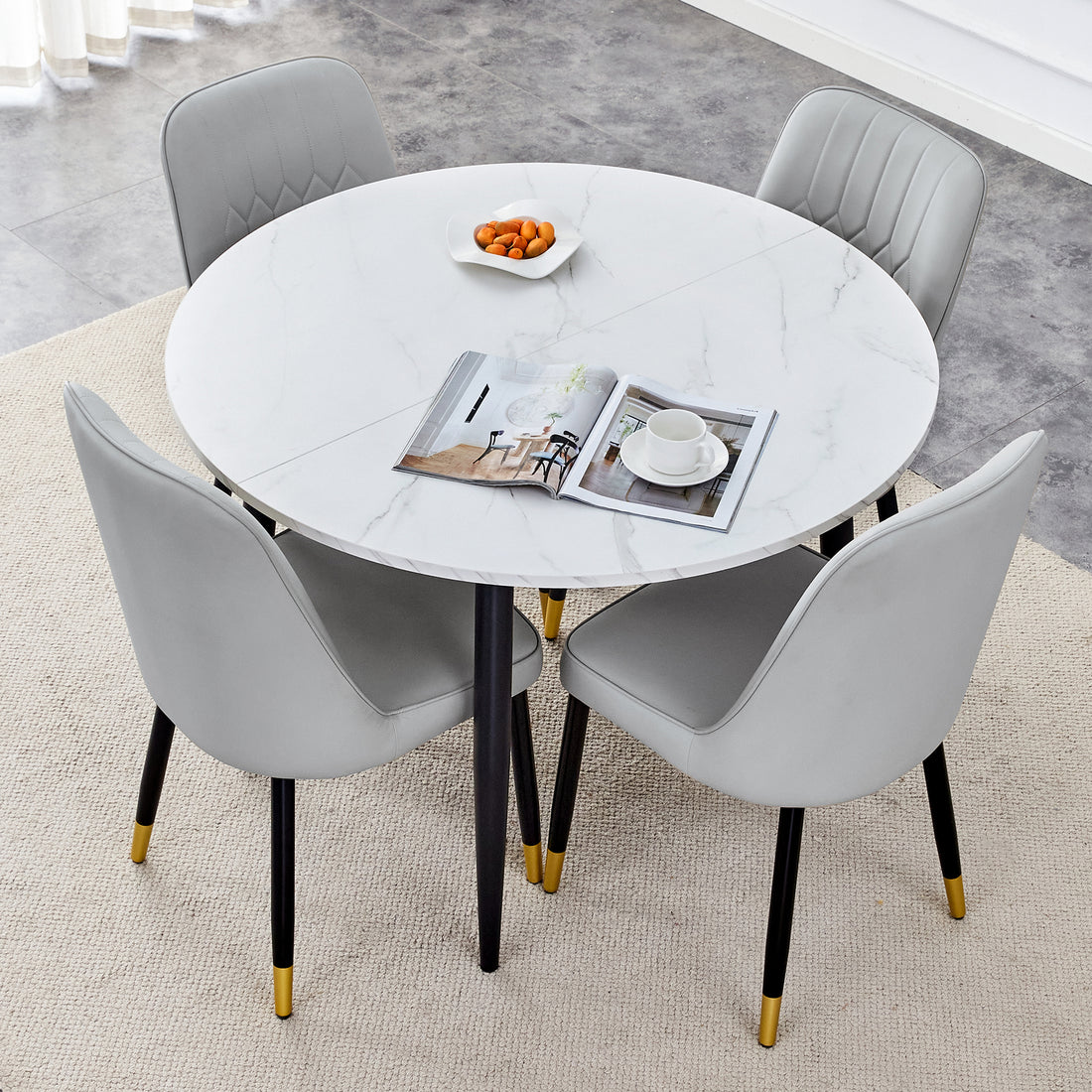 Table And Chair Set.Modern Extendable Mdf Dining Table.The Table Has A Telescopic Design, Suitable For Gatherings Of Different Size.Paired With 4 Light Gray Chairs With Pu Cushions And Metal Legs. Light Gray,White Seats 4 Mdf Metal