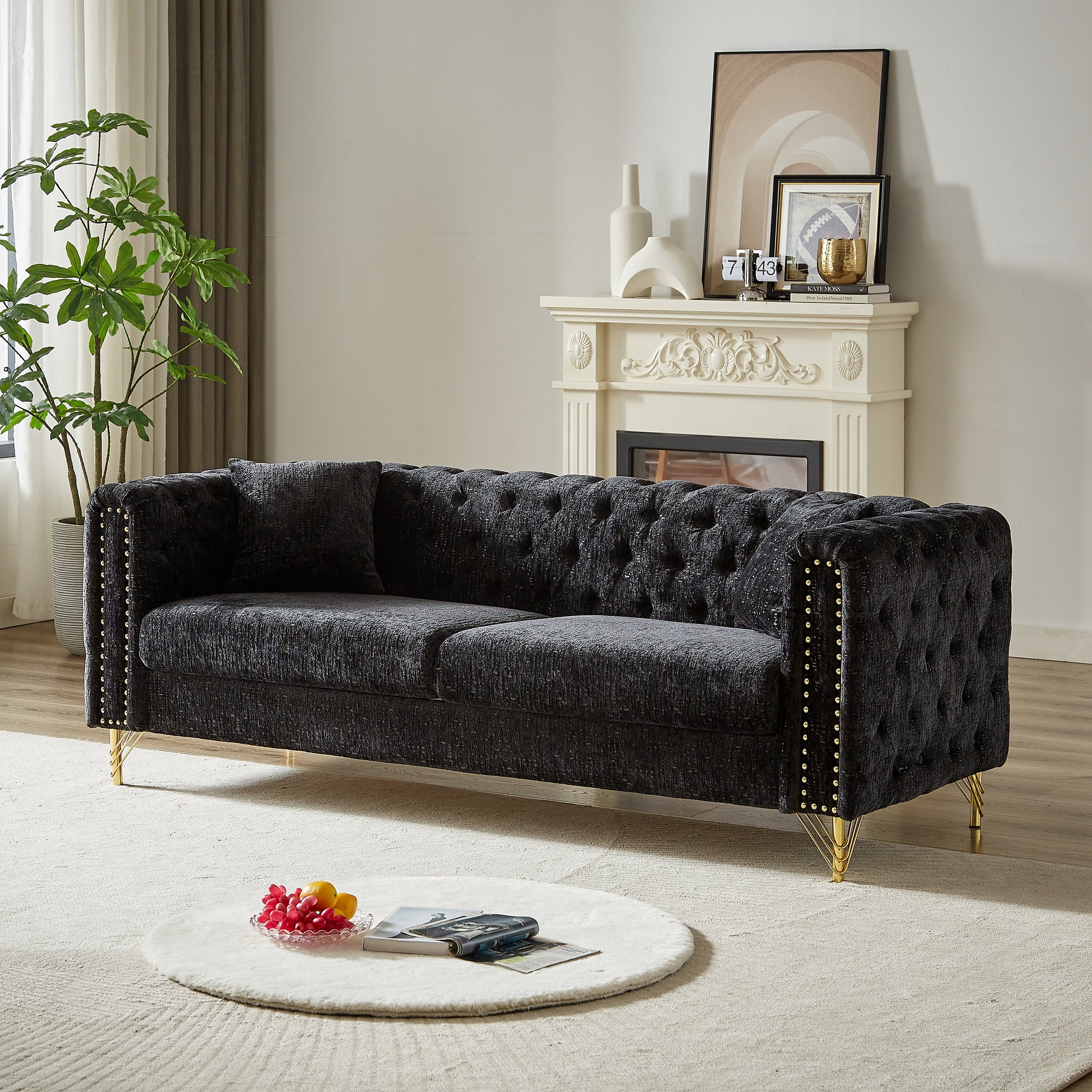 82 Inch Chenille Pull Buckle Design Sofa For Living Room,Buttons Tufted With Copper Nail Decoration Armrest, Modern Couch Upholstered Button And Metal Legs Black Foam Chenille 3 Seat