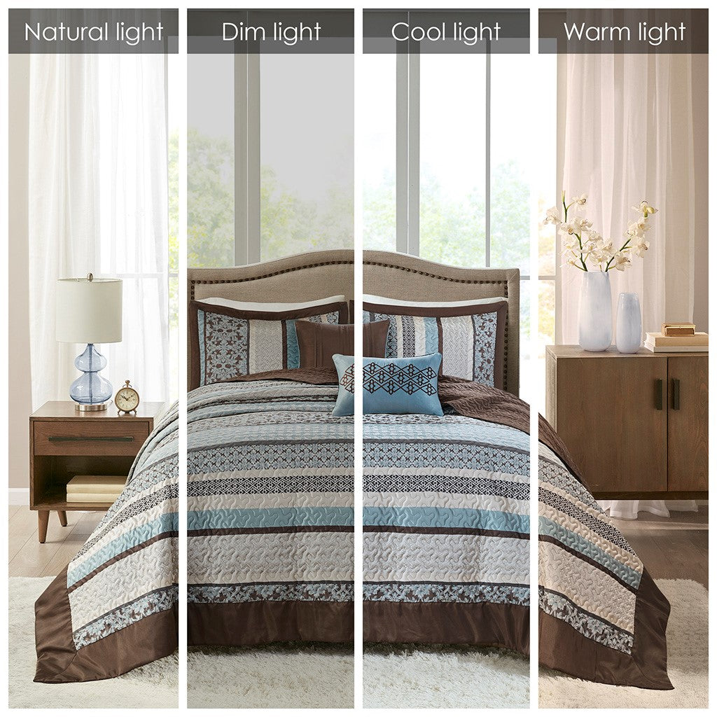 5 Piece Jacquard Quilt Set With Throw Pillows Blue King Cal King King Blue Cotton